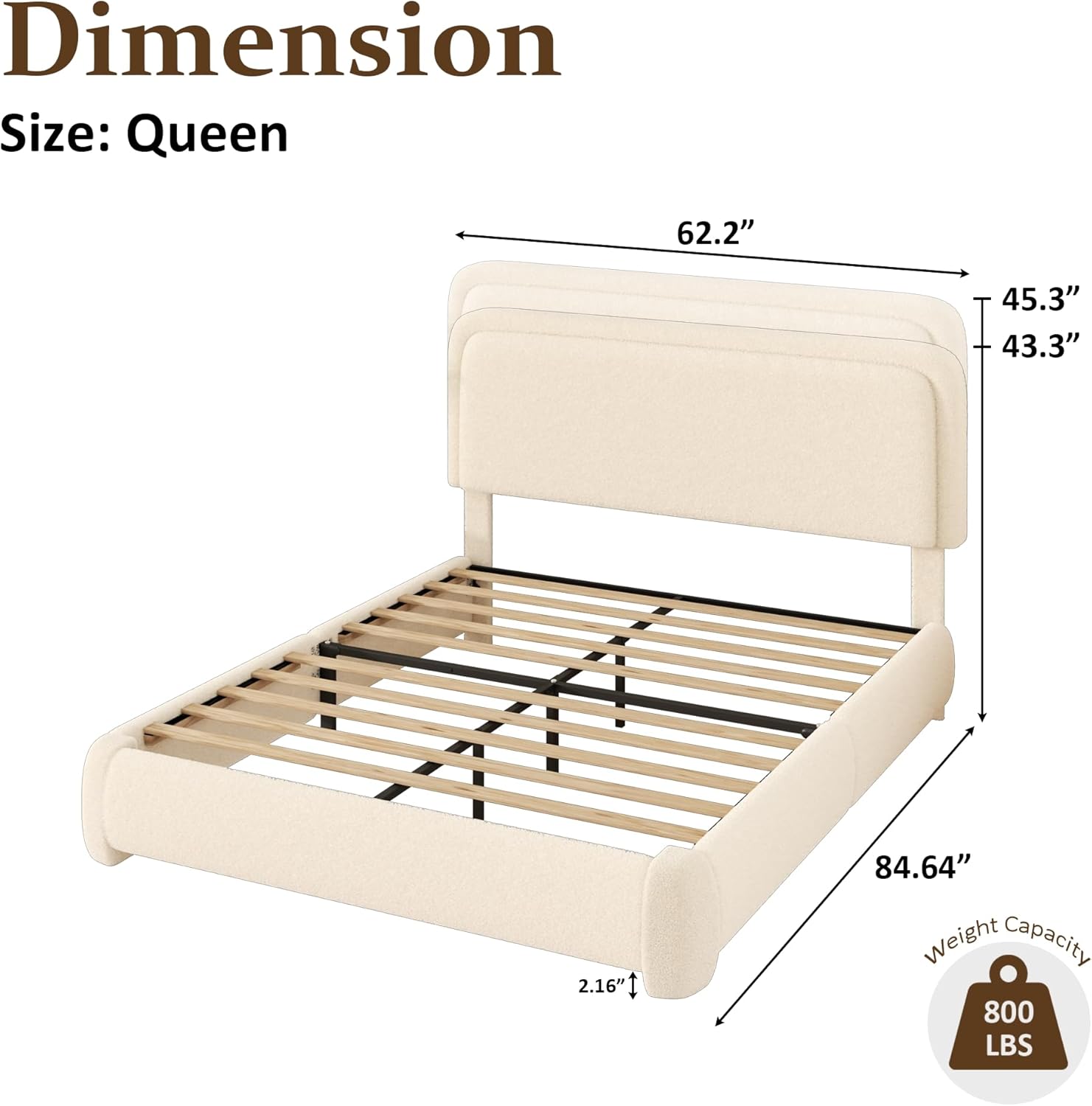 Sismplly Queen Size Cloud Bed Frame with Adjustable Padded Headboard (43.3"-45.3"), Boucle Fabric, Upholstered Platform Bed, Modern Soft Bed Base, No Box Spring Needed, Easy Assembly, Beige
