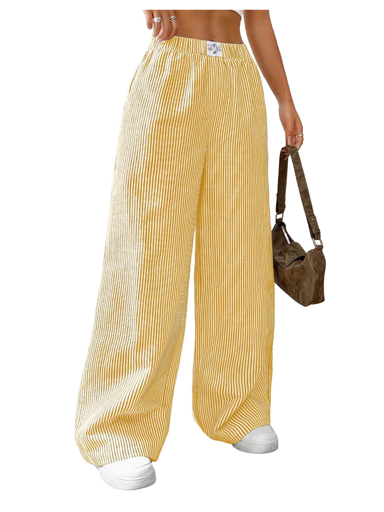Floerns Womens Plus Size Striped Wide Leg Pants Elastic Waist Casual Loose Trousers
