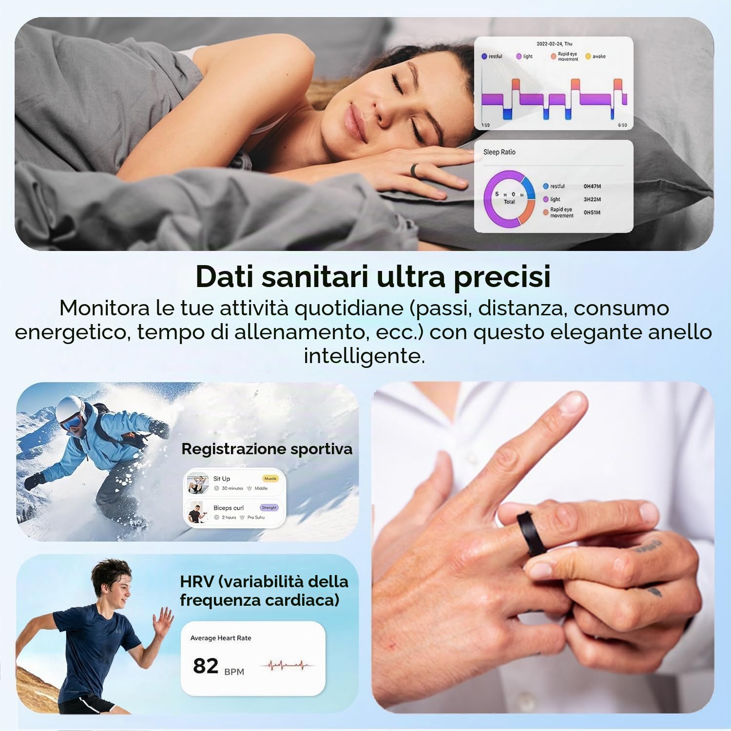 Anello intelligente 2026 per uomo e donna - Smart Ring con monitor del sonno, cardiofrequenzimetro e SpO2 - Tracker di attività fisica e salute IP68, compatibile con iOS e Android (nero)