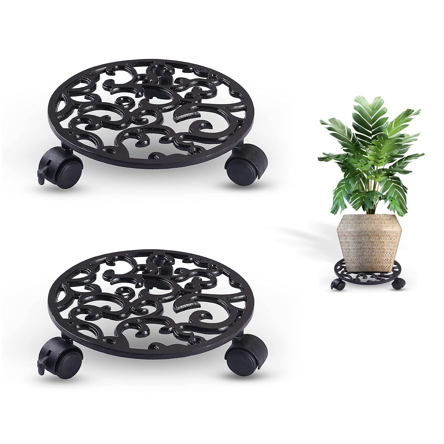 Sharpex Pack of 2 Metal Caddy Iron Dolly on Round Rack Rustproof Sturdy Potted Indoor Outdoor Plant Stand/Trolley With Locking Wheels for Balcony, Living Room, Home and Garden (Black) (B09Q119LL1) Amazon Price History, Amazon Price Tracker
