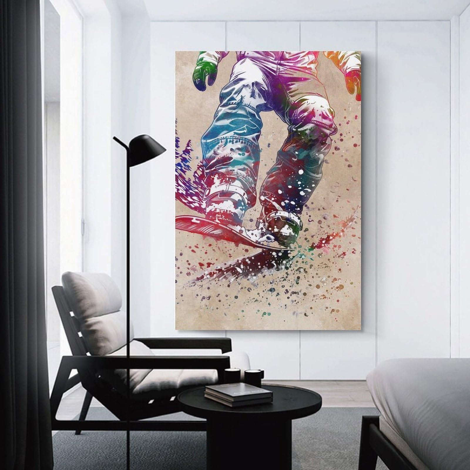 Junmoney Canvas Art Print Snowboarder Watercolor Art, 20x30inch(50x75cm), for Gallery Wall Decor And Room Displays, Wall Decor Suited to Curated Displays