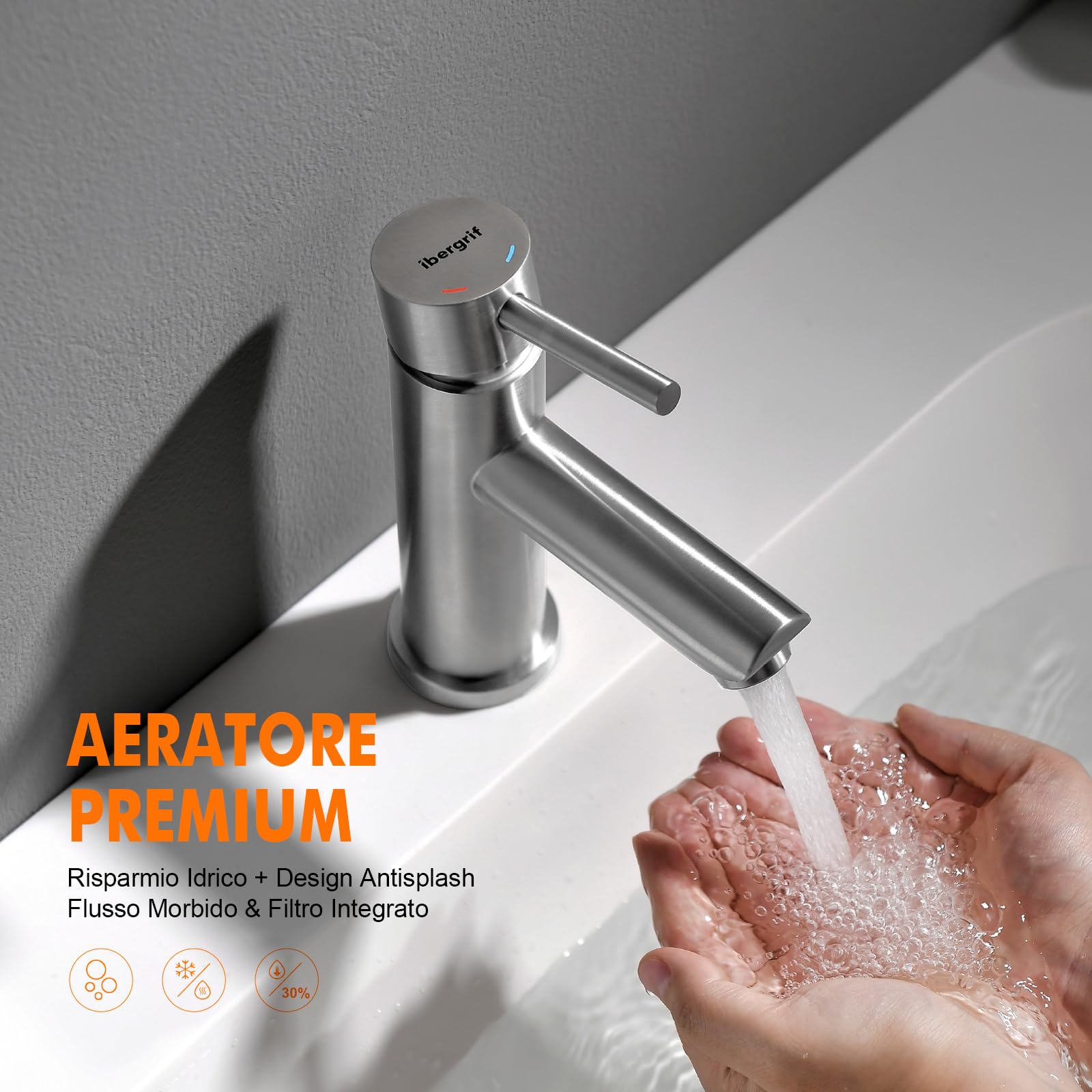 Ibergrif Rubinetto Bagno Lavabo Monocomando, Design Moderno in Acciaio Inox Antimpronta Grigio, Facile Installazione, M11103