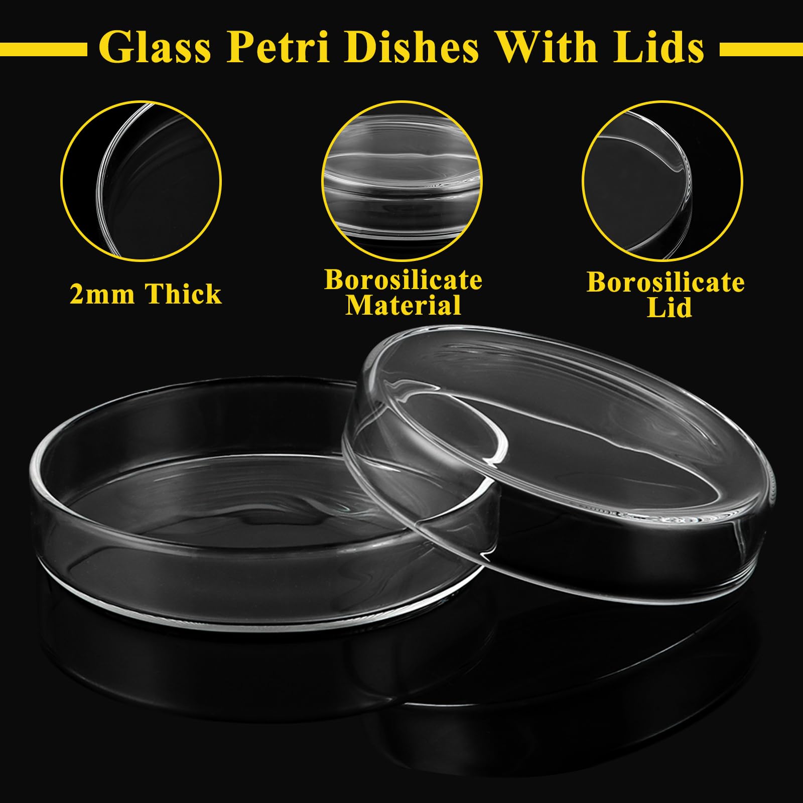 MIVIDE Lot de 10 boîtes de Pétri en verre avec couvercle, 90 x 20 mm, en verre borosilicate, boîte de Pétri stérilisée, transparente, pour écoles et culture de laboratoire, levure bactérienne