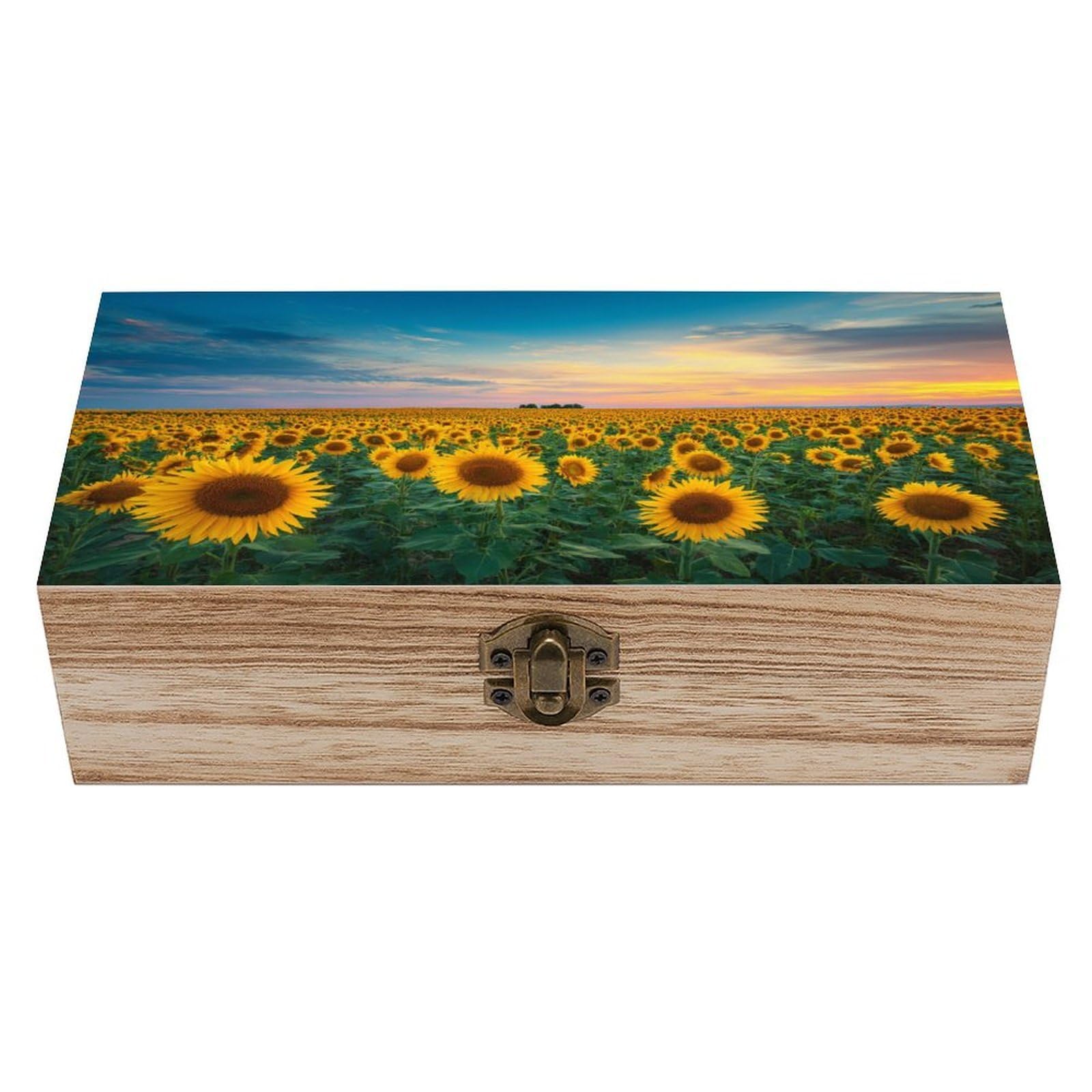 Ahdyr Field of Sunflowers Under Sunset Sky Wooden Storage Box with Hinged Lid And Front Clasp Large Keepsake Box