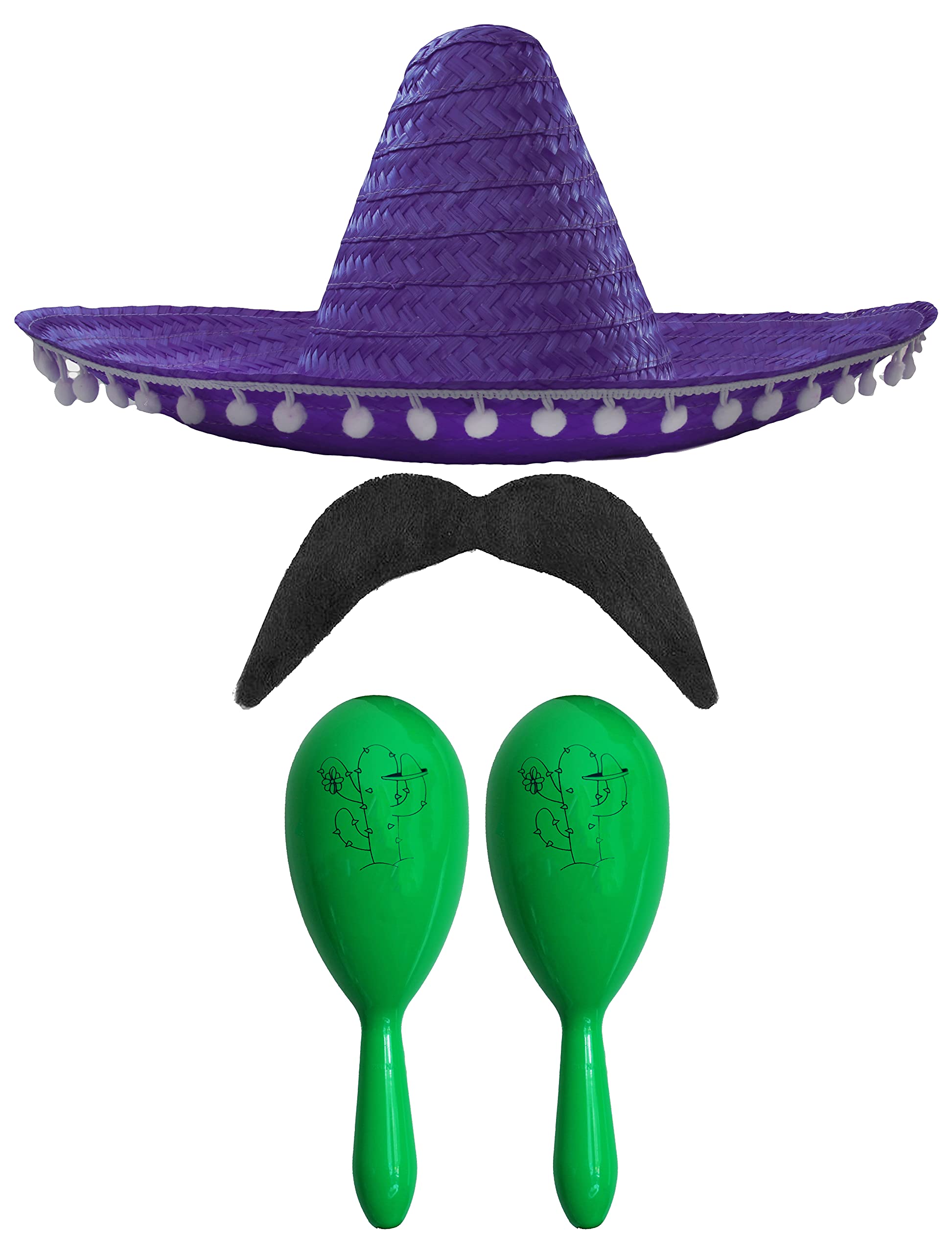 Adults Mexican Accessory Set - Natural Mexican Sombrero, Green Maracas, Moustache - Mexican Cinco de Mayo Sensorita Bandit Mariachi Fancy Dress Costume Accessory Set — image 1