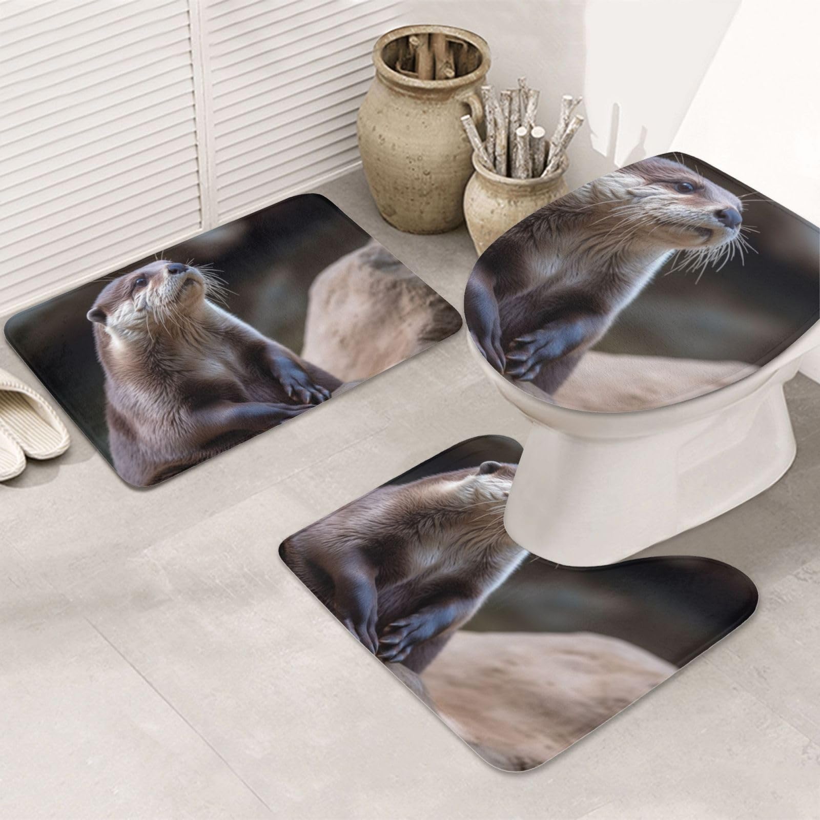 OUSIKA Set di tappetini da bagno con stampa a tema "Giocare nell'acqua", 3 pezzi inclusi, tappetino da contorno assorbente per bagno