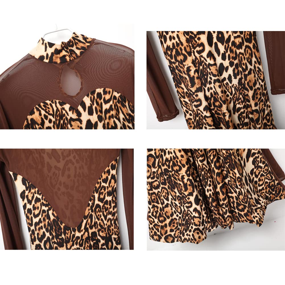 Vestidos De Baile De Salón De Manga Larga Ropa De Baile De Vals con Estampado De Leopardo para Mujer Conjunto para Práctica De Salsa De Estampado Ropa De Flamenco con Gran Vuelo
