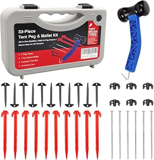 Tent Stakes Kit with Mallet – 33-Piece Camping Peg Set with Rubber Mallet, Plastic & Steel Stakes, Groundsheet Stakes & Peg Puller – Compact Carry Case for Camping, Tents & Canopies