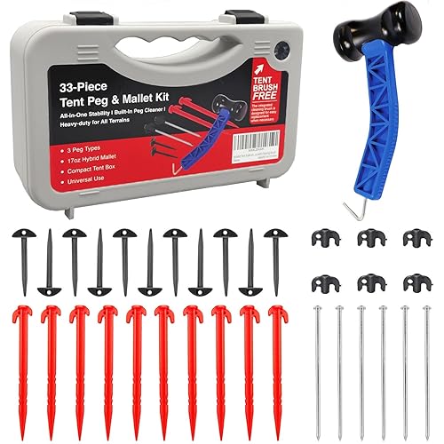 Tent Stakes Kit with Mallet – 33-Piece Camping Peg Set