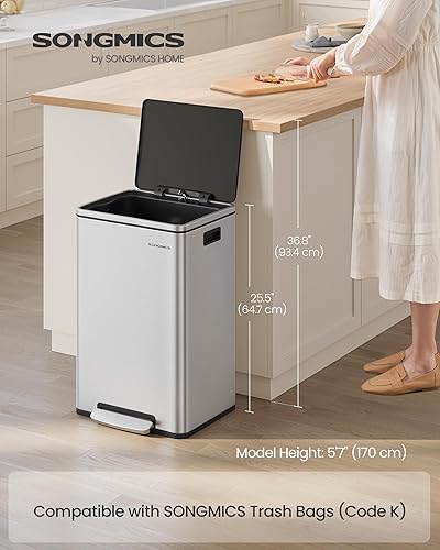 Miniatura 2 de SONGMICS Bote de basura, bote de basura de 13 galones, con 15 bolsas de basura, acero inoxidable, con tapa de cierre suave, cubo interior extraíble,