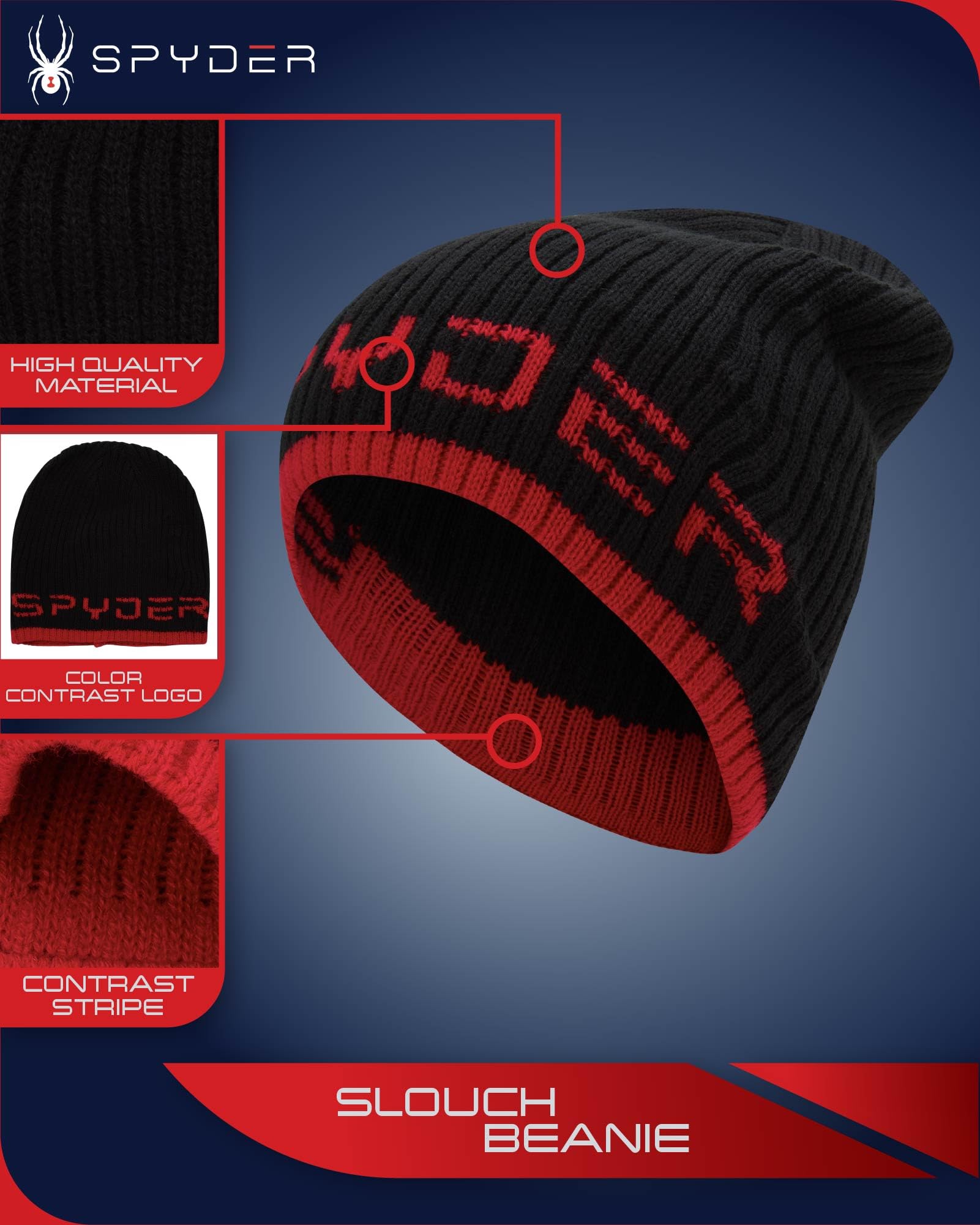 Spyder Men's Beanie - Lightweight Winter Rib Slouchy Beanie for Men - Soft and Warm Mens Beanie Hat, Skull Cap & Winter Hats, Size One Size, Black
