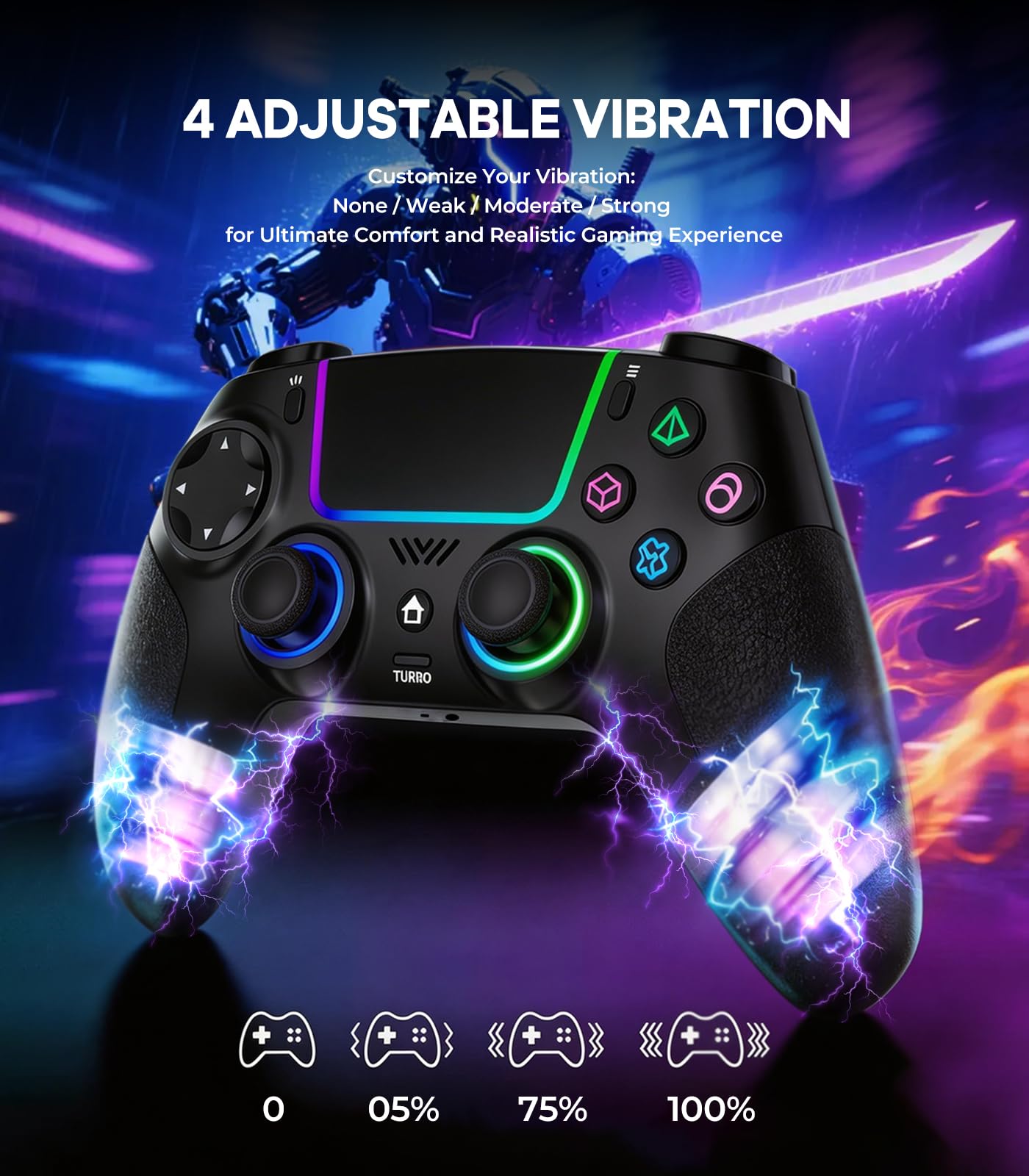SZPACMATE Manette sans fil pour PS4/PS3/Switch/PC/iOS/Android/Steam Deck, avec 8 éclairage RGB/Joystick Effect Hall/Batterie 1000 mAh/Turbo/Double Vibration/Programmable/Poignées Antidérapantes