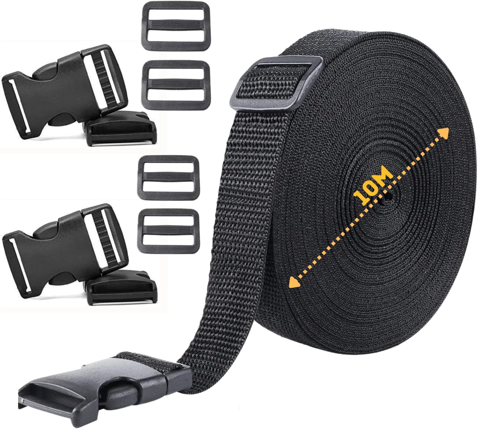 Webbing Strap, Black Polypropylene Webbing Strap Tape 20mm,25mm,40mm,50mm Wide for DIY Craft Dog Collar, Tow Ropes, Luggage Belt, 10M with 5 Sets of plastic release plastic buckles (40mm)