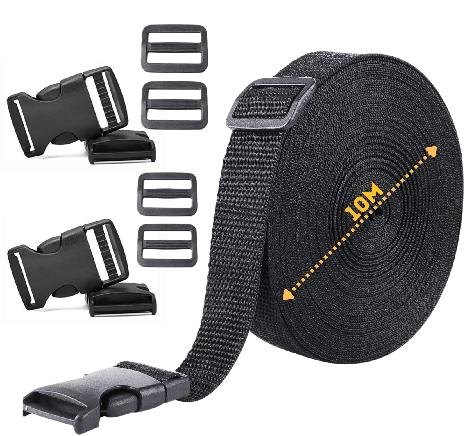 Webbing Strap, Black Polypropylene Webbing Strap Tape 20mm,25mm,40mm,50mm Wide for DIY Craft Dog Collar, Tow Ropes, Luggage Belt, 10M with 5 Sets of plastic release plastic buckles (50mm)
