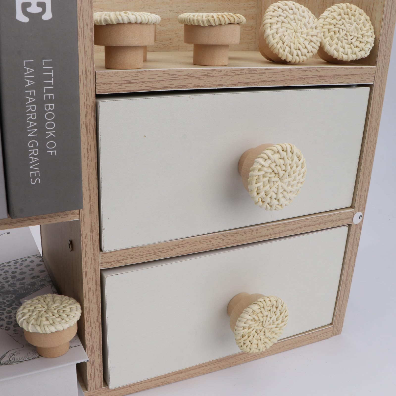 Brosay Boho Rattan Dresser Knobs for Girls Kitchen Wooden Cabinet Knobs Wicker Woven Decorative Dresser Handles Round Wood Drawer Pulls and Knobs with Screws 6 Pcs (Beige, 6Pcs)