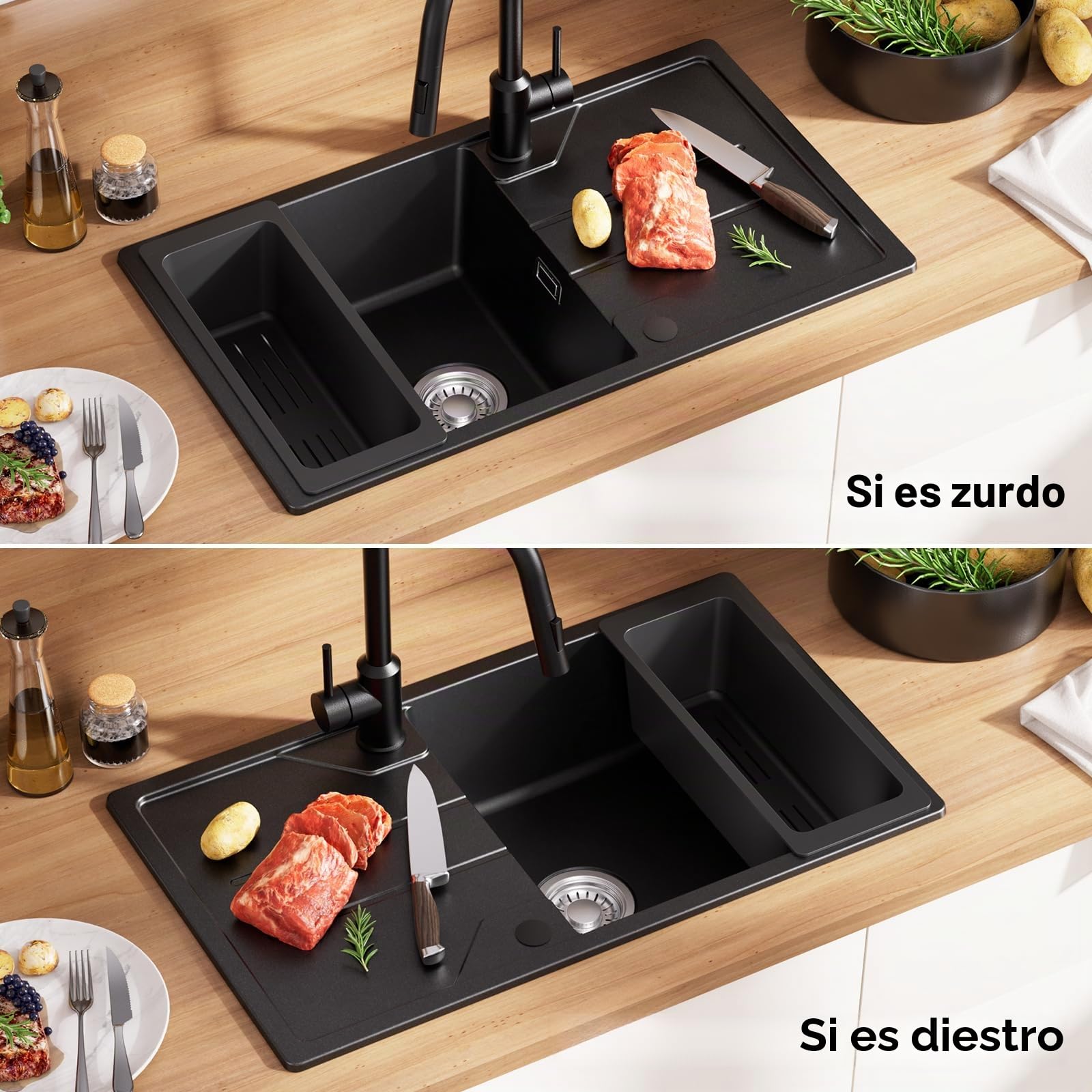 CECIPA Fregadero de cocina de granito negro 78 x 45 cm, con cesta colador, con instalación reversible, fregadero de cocina empotrable con sifón y juego de desagüe y rebosadero