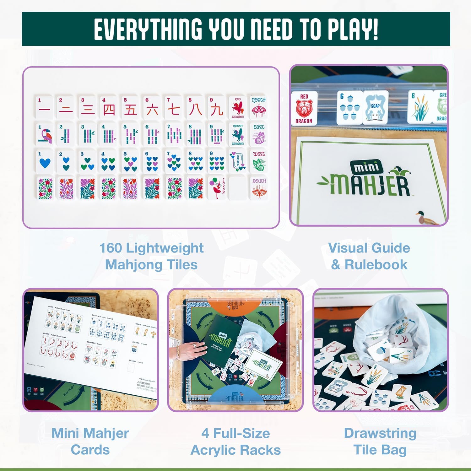 Mini Mahjer Mahjong for New Beginners & Families | American Mahjong Starter Set, Learn to Play with Tiles, Racks Neoprene Mat, & Guide - (Woodlands Edition)