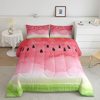 Watermelon Comforter Set Full,Watercolor Tie Dye Bedding Set 3pcs for Kids Teens Adults Room Decor,Pink Green Summer Fruit Quilt Set Modern Plants Duvet Insert with 2 Pillowcases