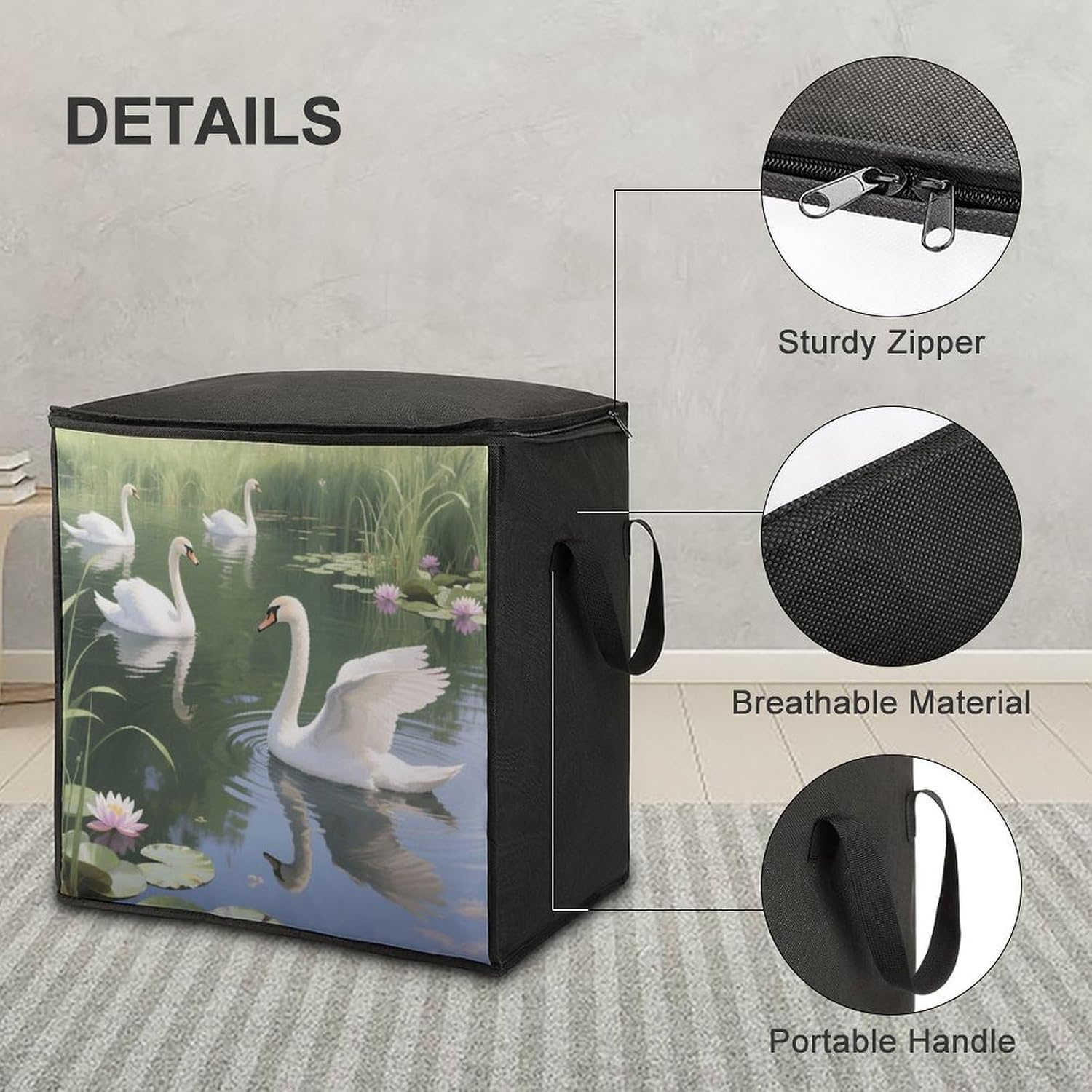 Swans Cruise Gracefully Storage Bags Moving Bags Storage Bins | Comforter Storage Bag Reinforced Handles & Zippers Foldable Closet Organizers and Storage for Blanket Pillow Clothes