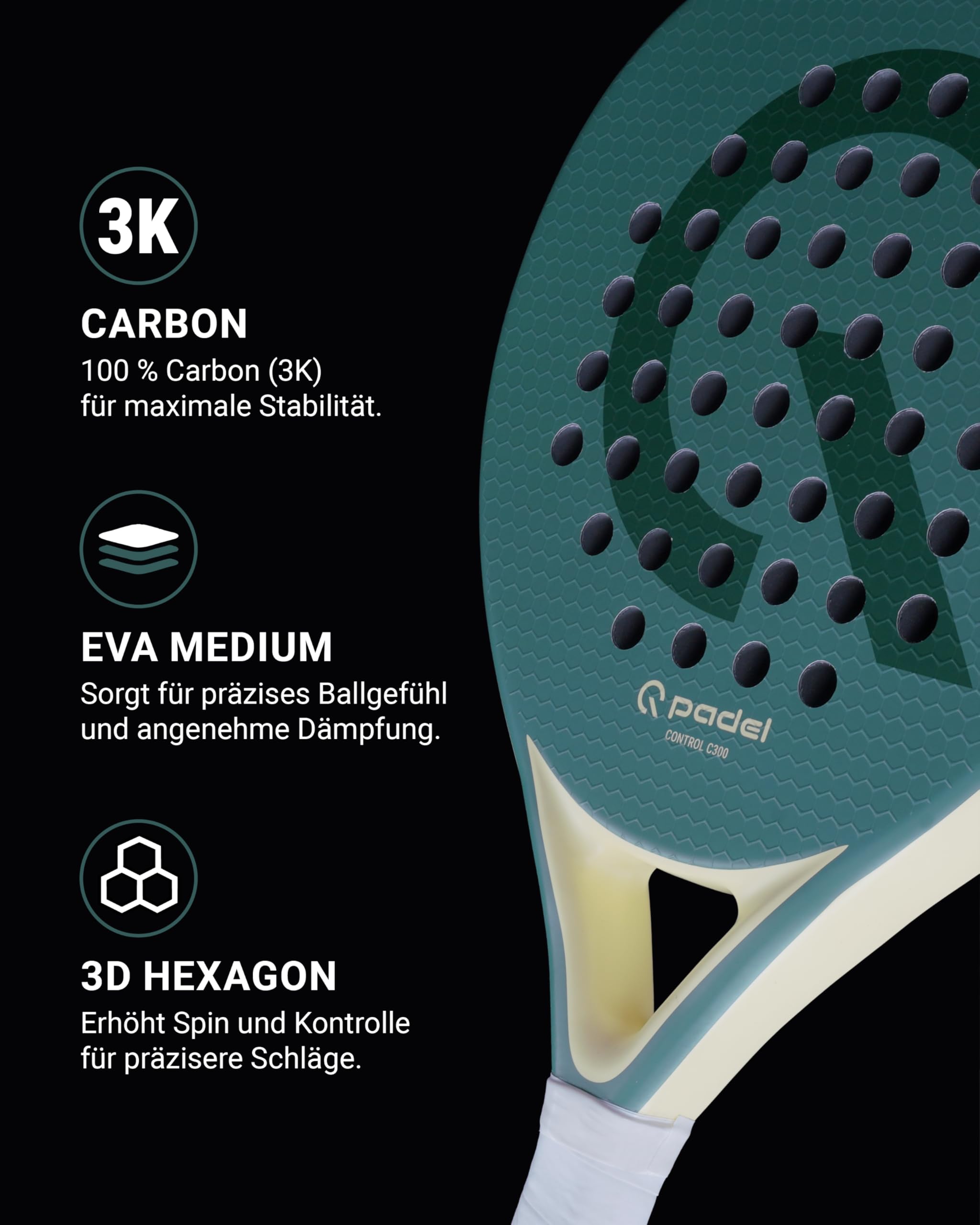Q Padel C300 Padel Schläger 360g – 3K Carbon Racket für hohe Kontrolle, leichtes Design für Herren & Damen, inklusive Eva Medium Kern