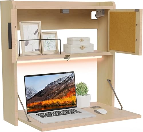 Miniatura 11 de ARTETHYS Escritorio montado en la pared con luz LED, multifuncional de estilo granja, plegable para computadora portátil, mesa de trabajo con