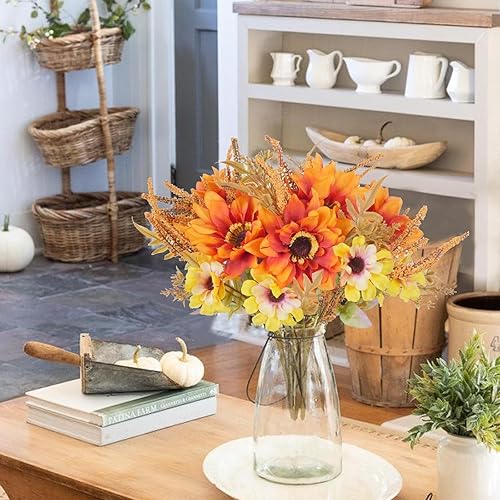 Miniatura 5 de 6 paquetes de flores artificiales de otoño, girasoles de seda, ramo de flores artificiales de dalia, arreglos florales de otoño para decoración,