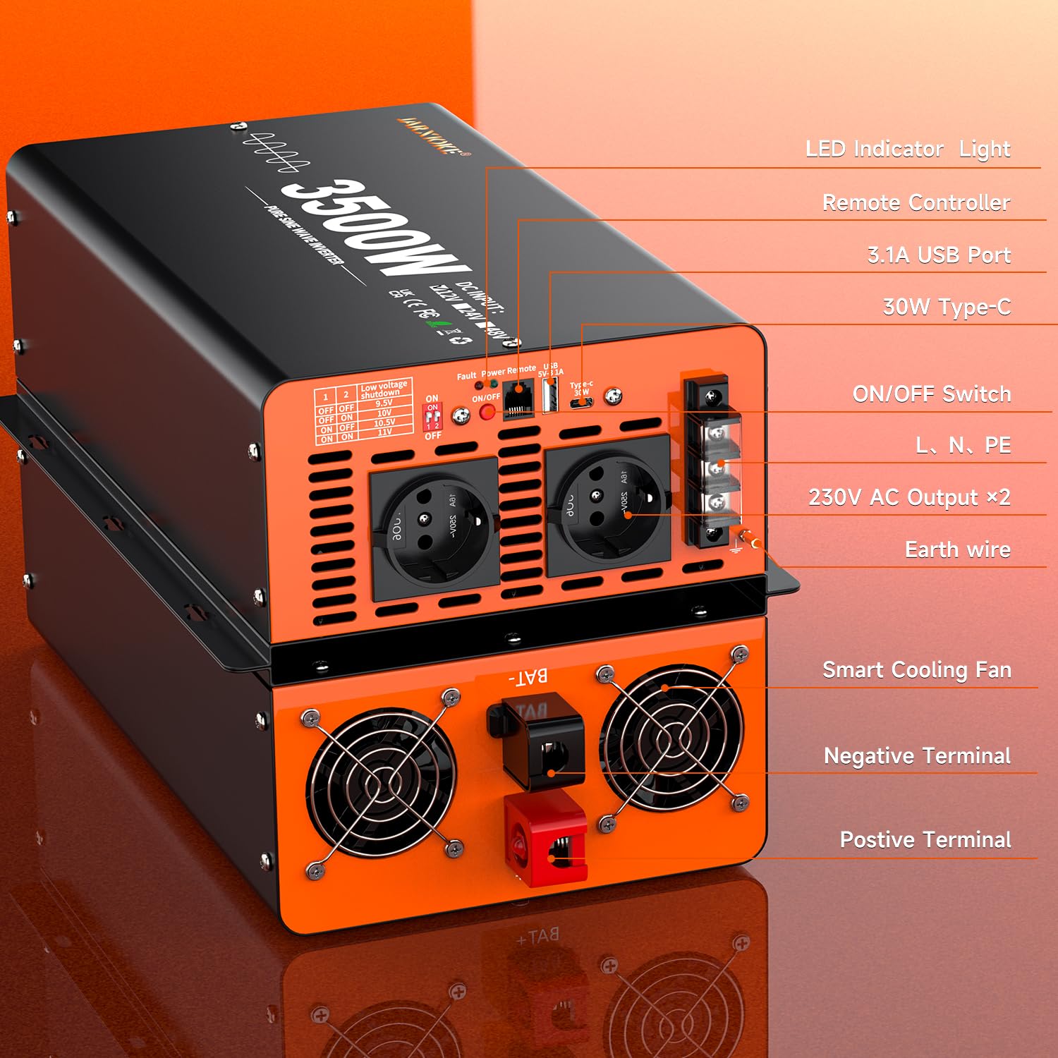3500W Wechselrichter 12V auf 230V Reiner Sinus Spannungswandler Inverter mit Fernbedienung,Bildschirm LCD,Dual USB Ports,Type-C Port,2 AC-Steckdosen Inverter für Solar Fahrzeuge Auto Wohnmobil