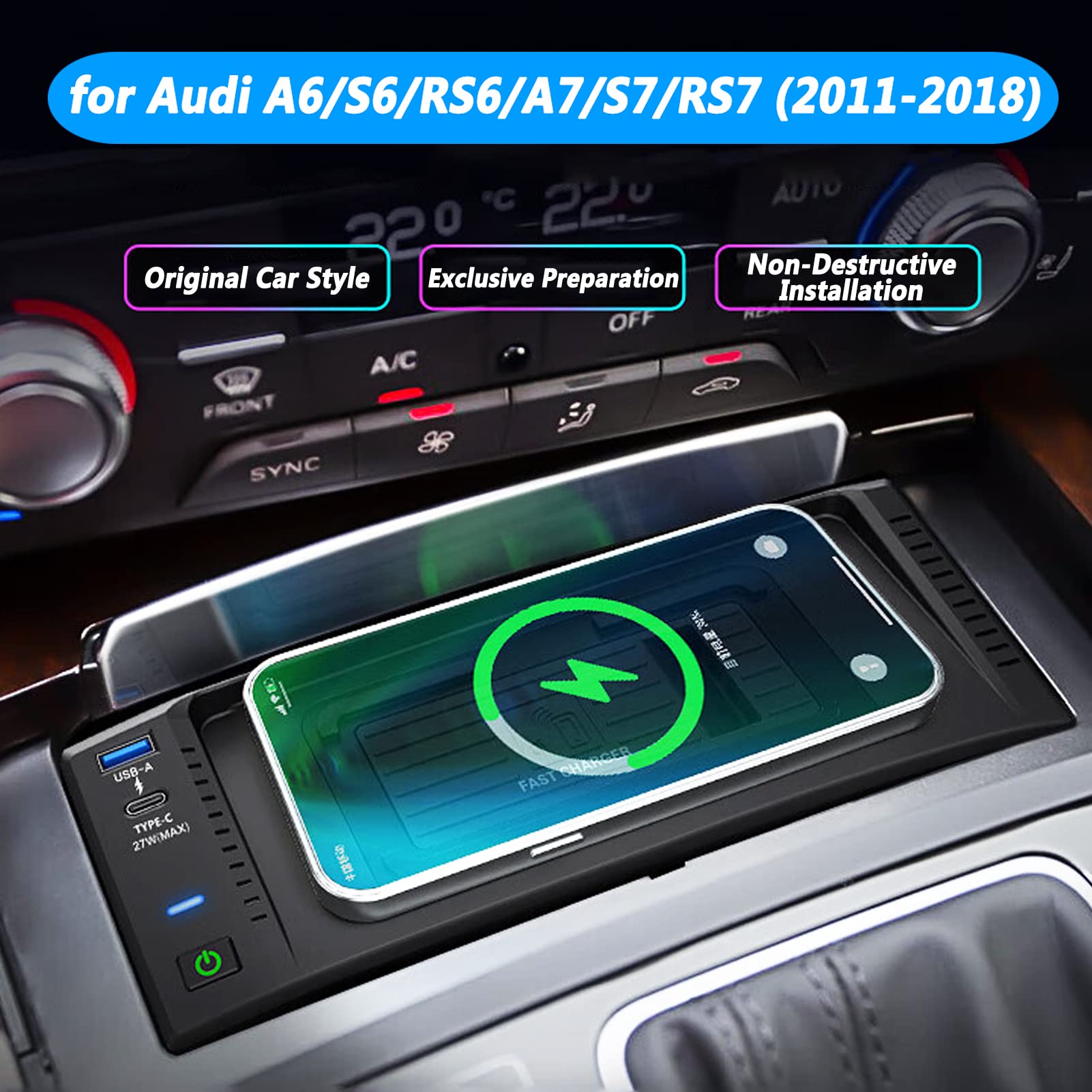 Nuovo Aggiornamento Caricatore Per Auto Wireless per Audi A6/A6L/RS6/A7/RS7/S6,Tappetino Ricarica Wireless Veloce 15W,Caricabatterie Wireless Console Centrale Funziona Con Telefoni Abilitati QI