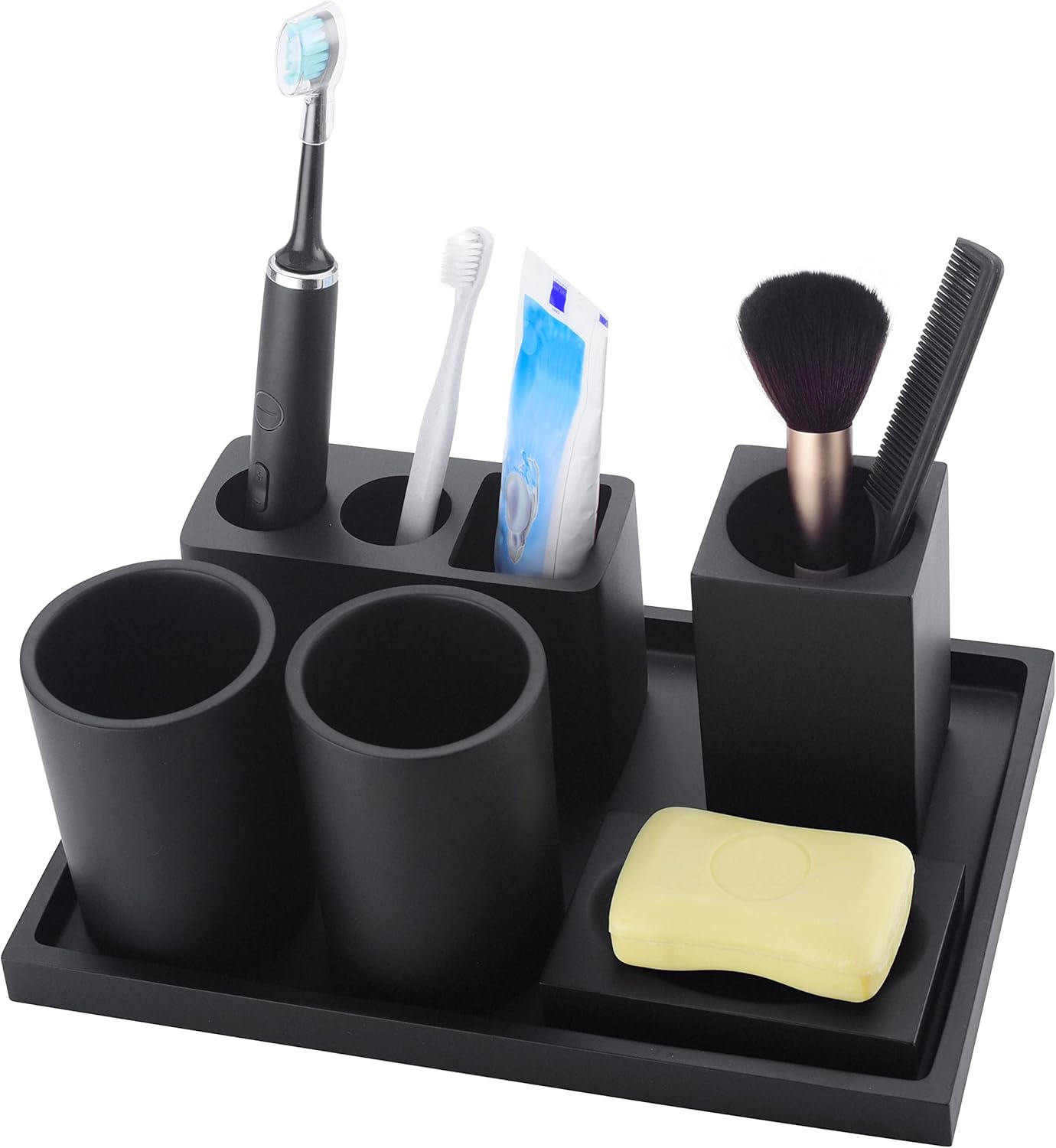 Matte Black Bathroom Accessories Set 6 Pieces, Bathroom Accessory Set Bathroom Decor with 1 Vanity Tray, 2 Tumbler Cups, 1 Makeup Brushes Holder, 1 Toothbrush Holder, 1 Soap Dish