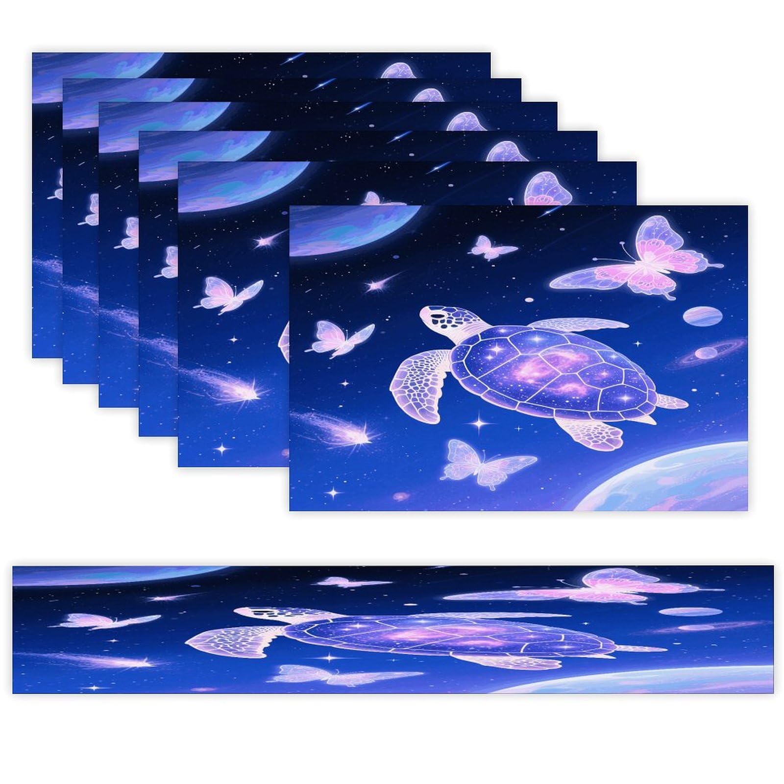 Turtle Placemats Set of 7 Exquisite Linen Table Mat Seven Piece Set Includes 13"x71" Fashion Table Runner and 12"x18" Place Mat Decor for Kitchen Dining Room