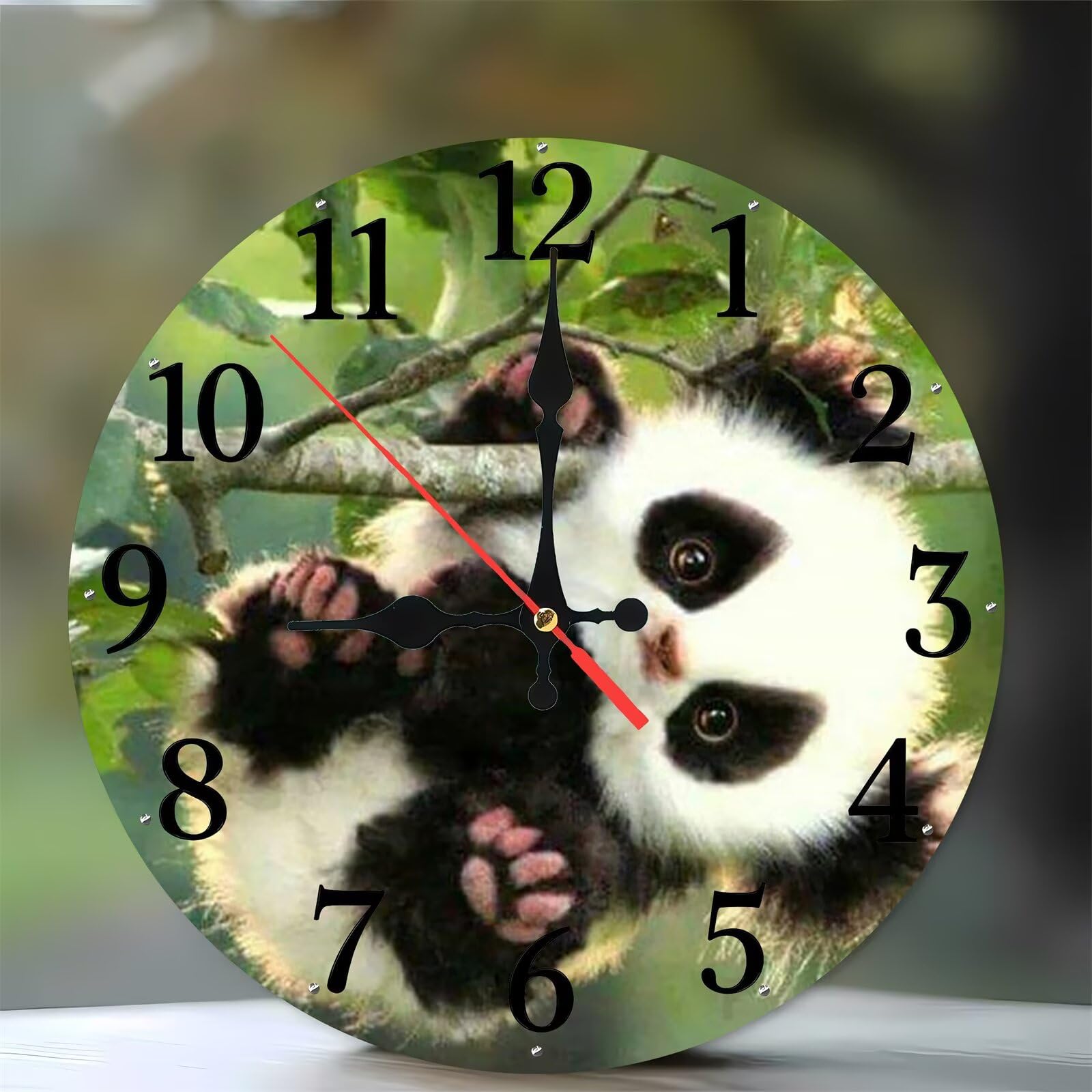 Horloge murale silencieuse sans tic-tac en bois de 35 cm au motif panda des bois