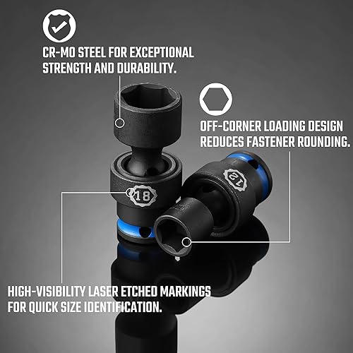 Miniatura 5 de DURATECH Juego de llaves de vaso universal de impacto de 38 pulgadas, juego de llaves giratorias, 11 piezas, métrico, 0.315-0.748 in, acero Cr-Mo,