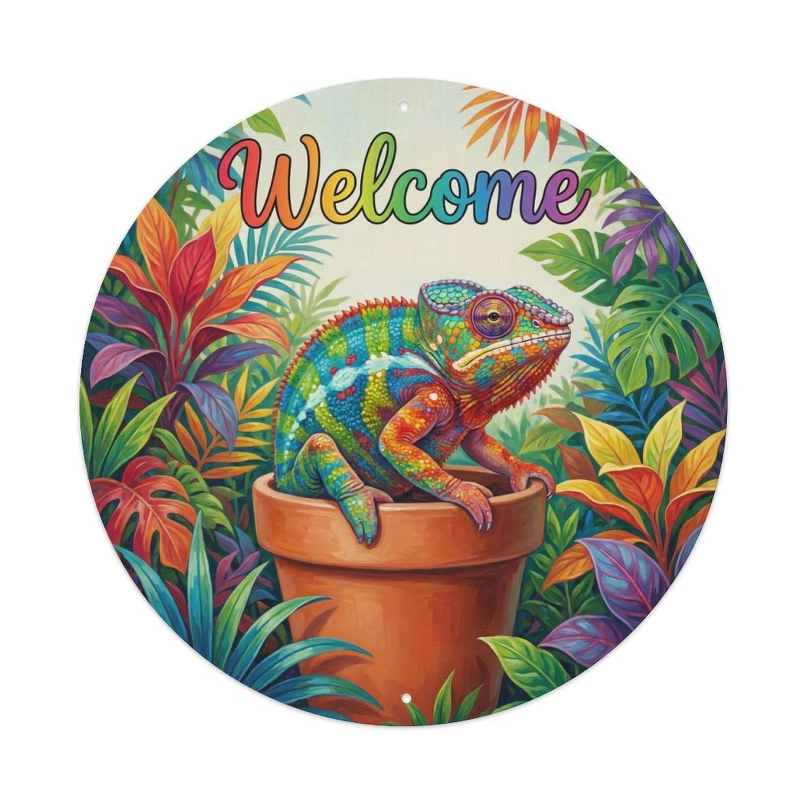 Okahys 8X8inch(20X20cm) Welcome Chameleon Rainbow Leaf Metal Tin Sign