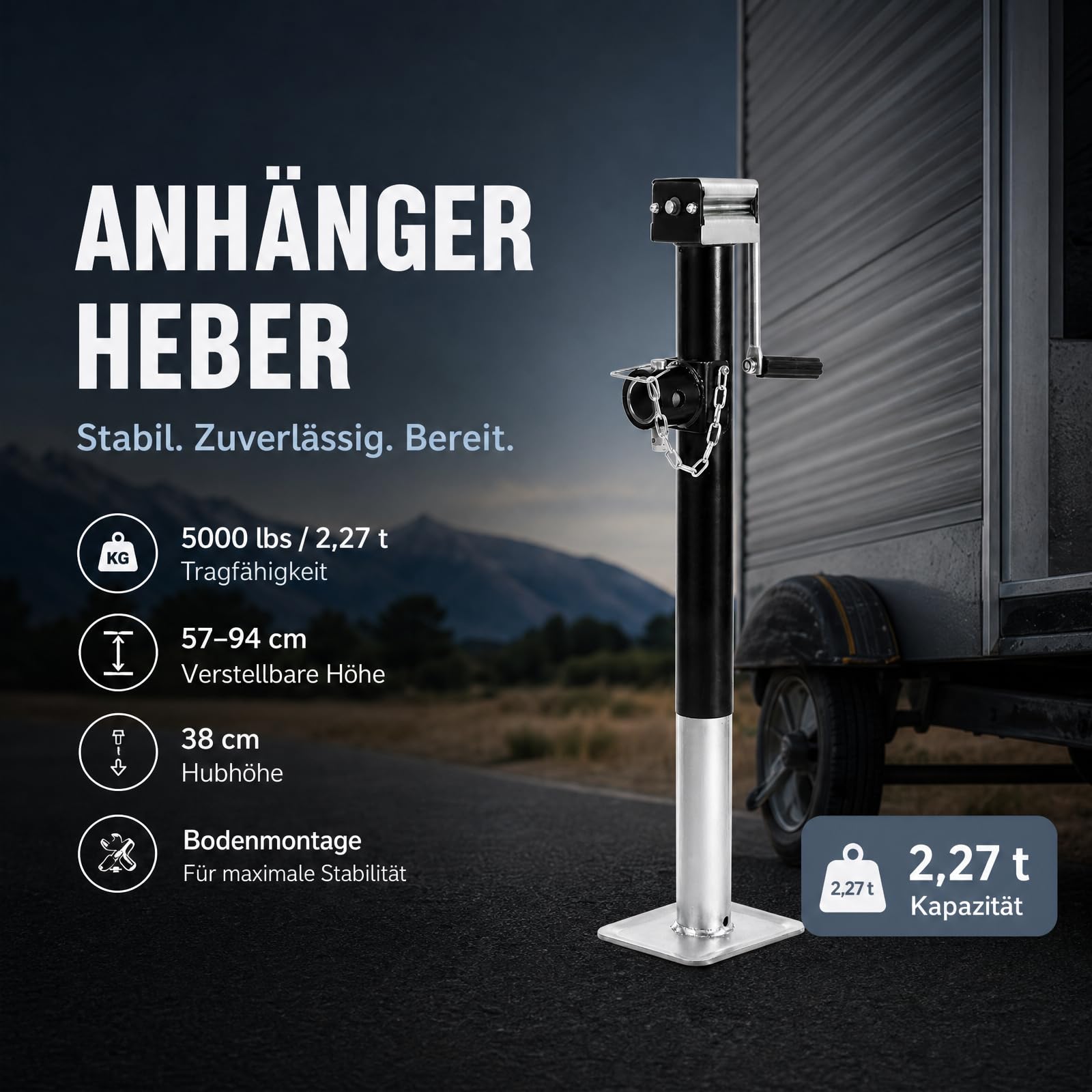 Anhängerheber, 2,27T 5000LBS Stützfuß Anhänger, 38cm Hubhöhe Anhänger-Heckstütze für Wohnwagen mit Kurbel, Q235 Stahl, 57-94 cm Verstellbar für PKW LKW Camper