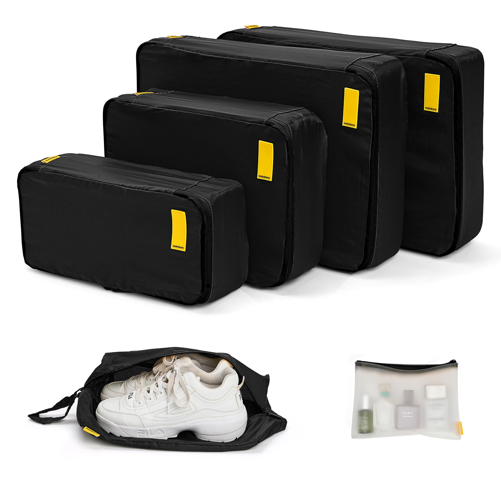 MOKOBARA The Packing Cube Nylon Fabric Water Resistant Travel Organizer Wardrobe Organizer Set Of Packing Bag (Xl,Large, Medium, Shoe Bag, Toiletry Bag) (Set Of 6, Black)
