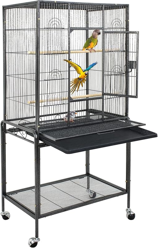 53-Inch Parakeet Bird Cage, Wrought Iron Large Parrot Flight Birdcage | with Rolling Stand, Perches, Slide-Out Tray and Plastic Feeders, Casters,Bird Cage for Cockatiels Canary Finch