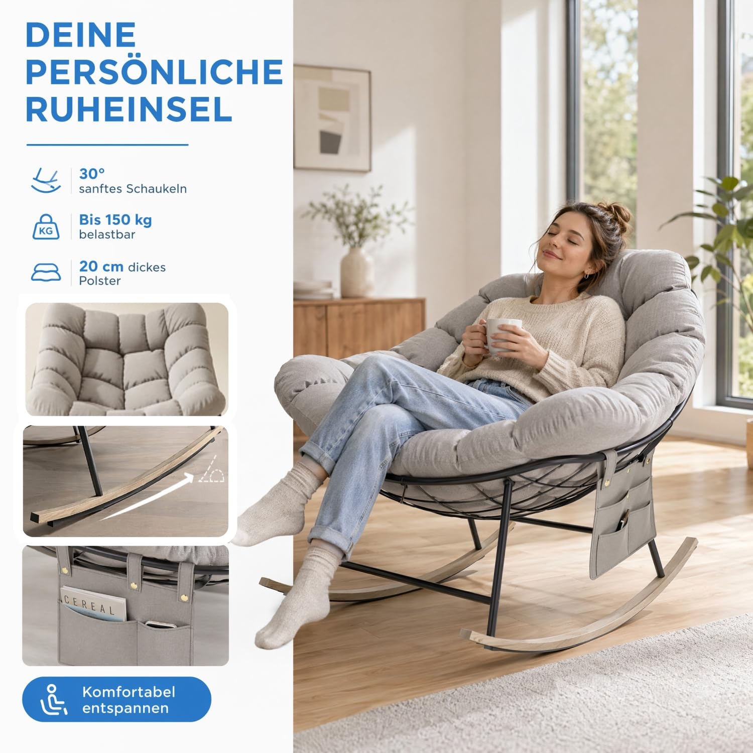 Schaukelstuhl Extrabreiter Ei-Schaukelsessel Outdoor mit Seitentasche, Relaxsessel Wippfunktion mit Abnehmbares Sitzkissen für Wohnzimmer Garten Balkon, Stahlgestell, Bis 150 kg Belastbar – Aprikose