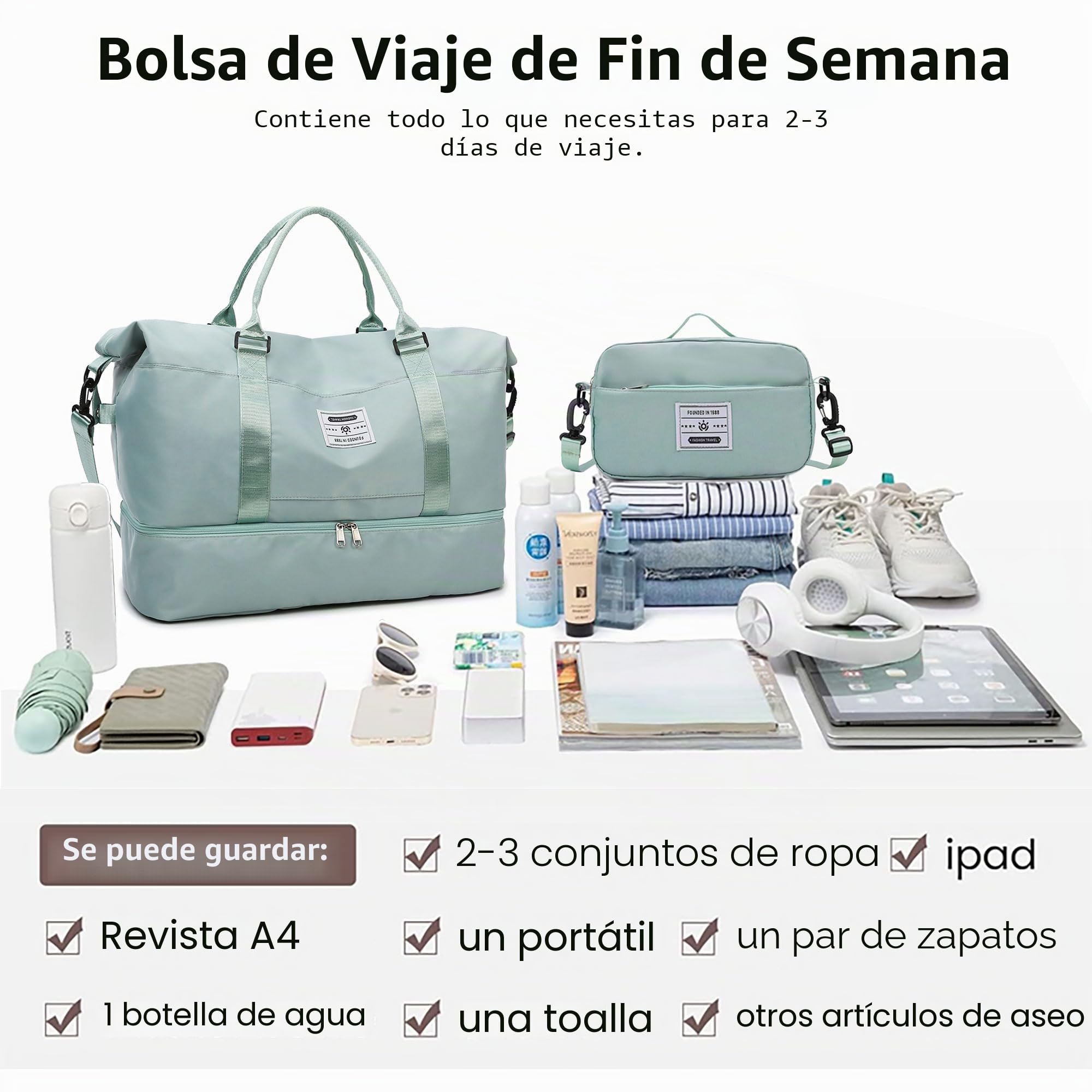 Bolsas de Viaje Bolsas de Deporte Bolsa de Gimnasio Impermeable Bolsa de Mano Equipaje Fin de Semana con Bolsa Húmeda y Zapatero para Hombre Mujer (Verde Claro)