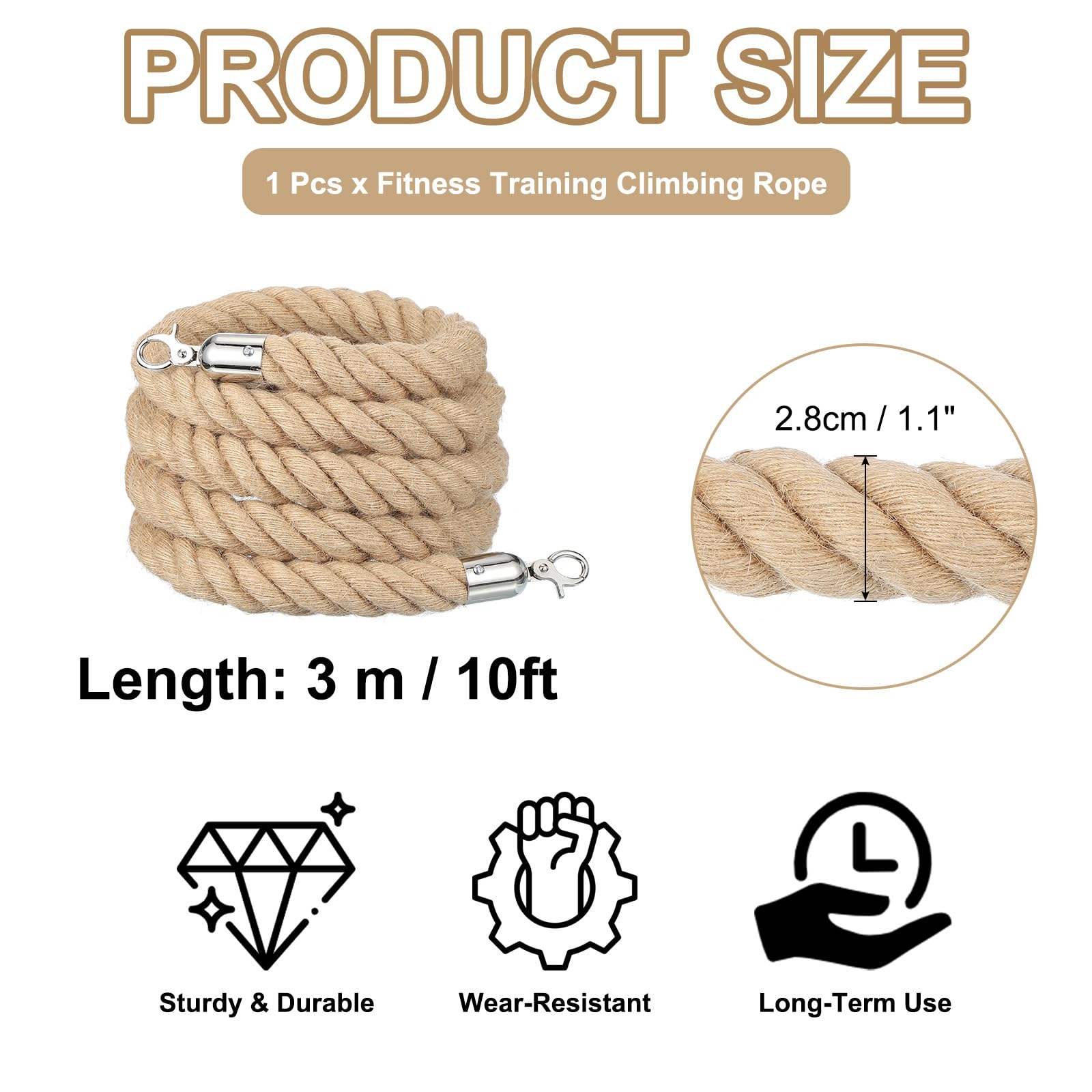 QUARKZMAN Absperrseil Juteseil 3 Meter x 28mm Handlaufseil Sicherheits Absperrkordel Geflochtenes Juteseil mit Karabinerhaken Absperrseile für Warteschlangen KinoHotel Feiern