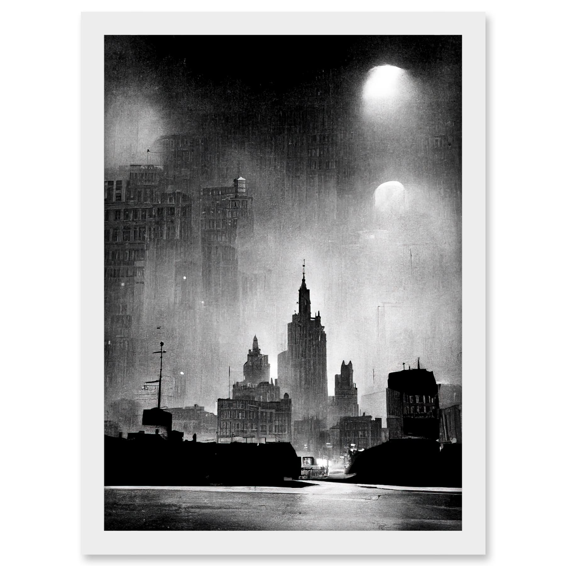 Doppelganger33 LTD 1950s Black And White New York Rainy Mist Cityscape Artwork Framed A3 Wall Art Print