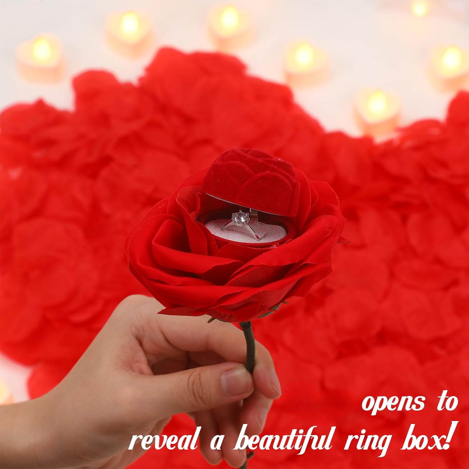Romantic Proposal Decorations Kit Large Marry Me Letters Rose Petals Heart Shaped Candles Carpet Double Sided Tape Engagement Rose Ring Box for Proposal Engagement Wedding Table Decorations