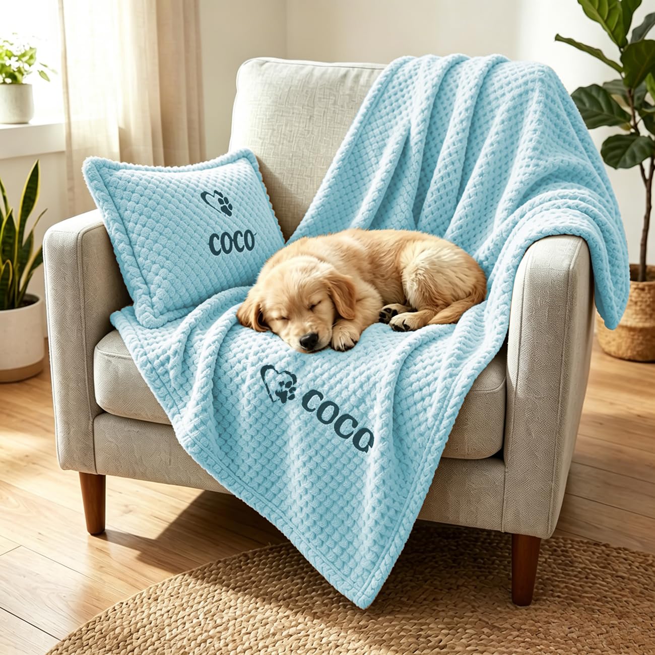 Personalized Pet Blanket and Pillow Set, Embroidered Name Dog Blanket and Cushion Set with Name & Paw Print, Soft Waffle Fleece Blankets and Pillow for Dogs Cats(Blue)