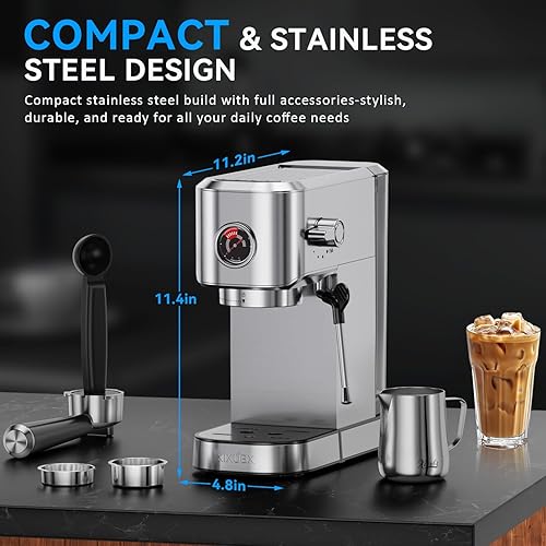 Miniatura 6 de Máquina de café expreso de 20 bar, compacta con espumador de leche, cafetera de acero inoxidable para capuchino y leche, tanque de agua de 42 onzas,