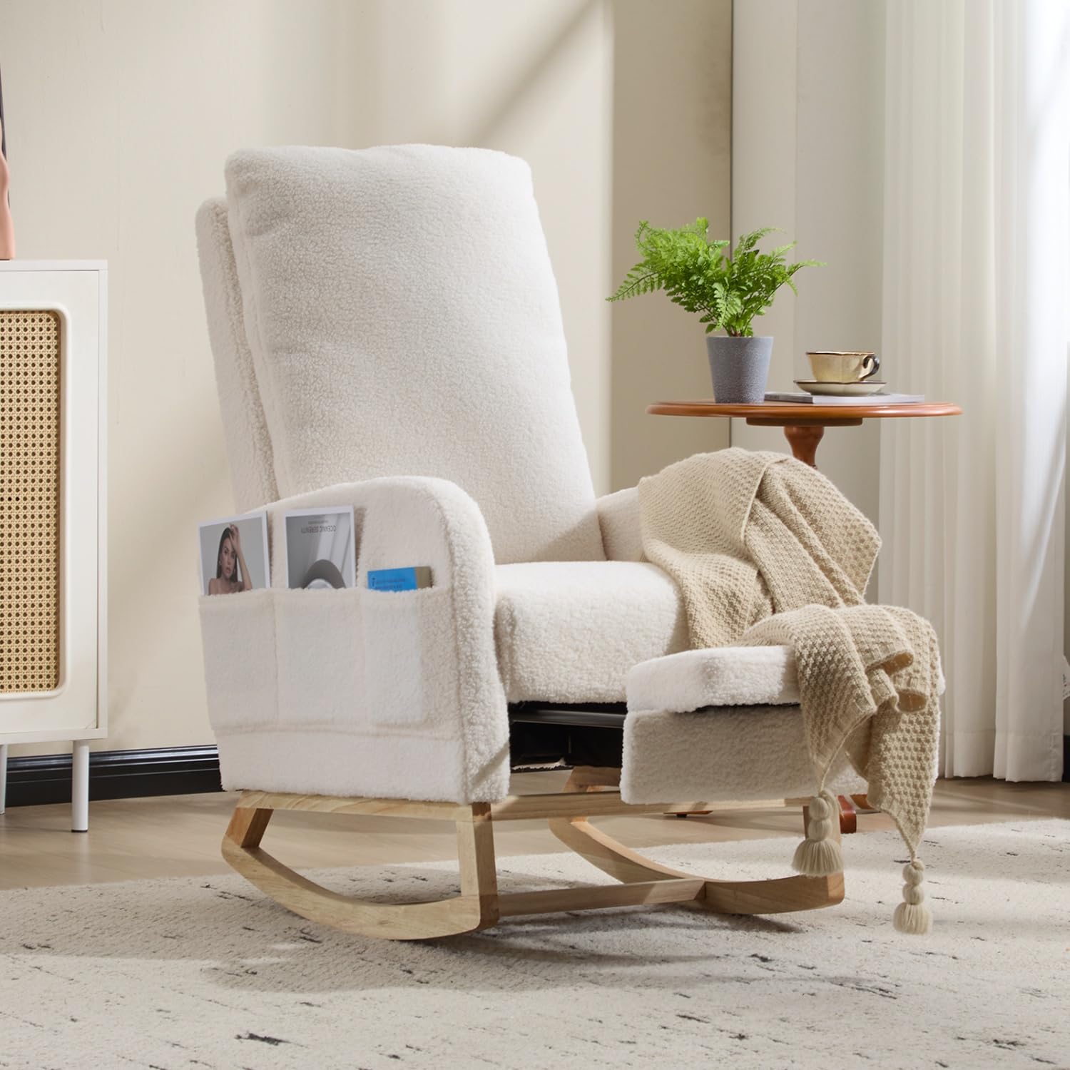 Rocking Nursery Chair with Footrest, Upholstered Nursery Glider Rocker Solid Wood Legs, Morden Accent Comfy Rocking Chair with Lumbar Pillow for Living Room, Bedroom, Teddy White