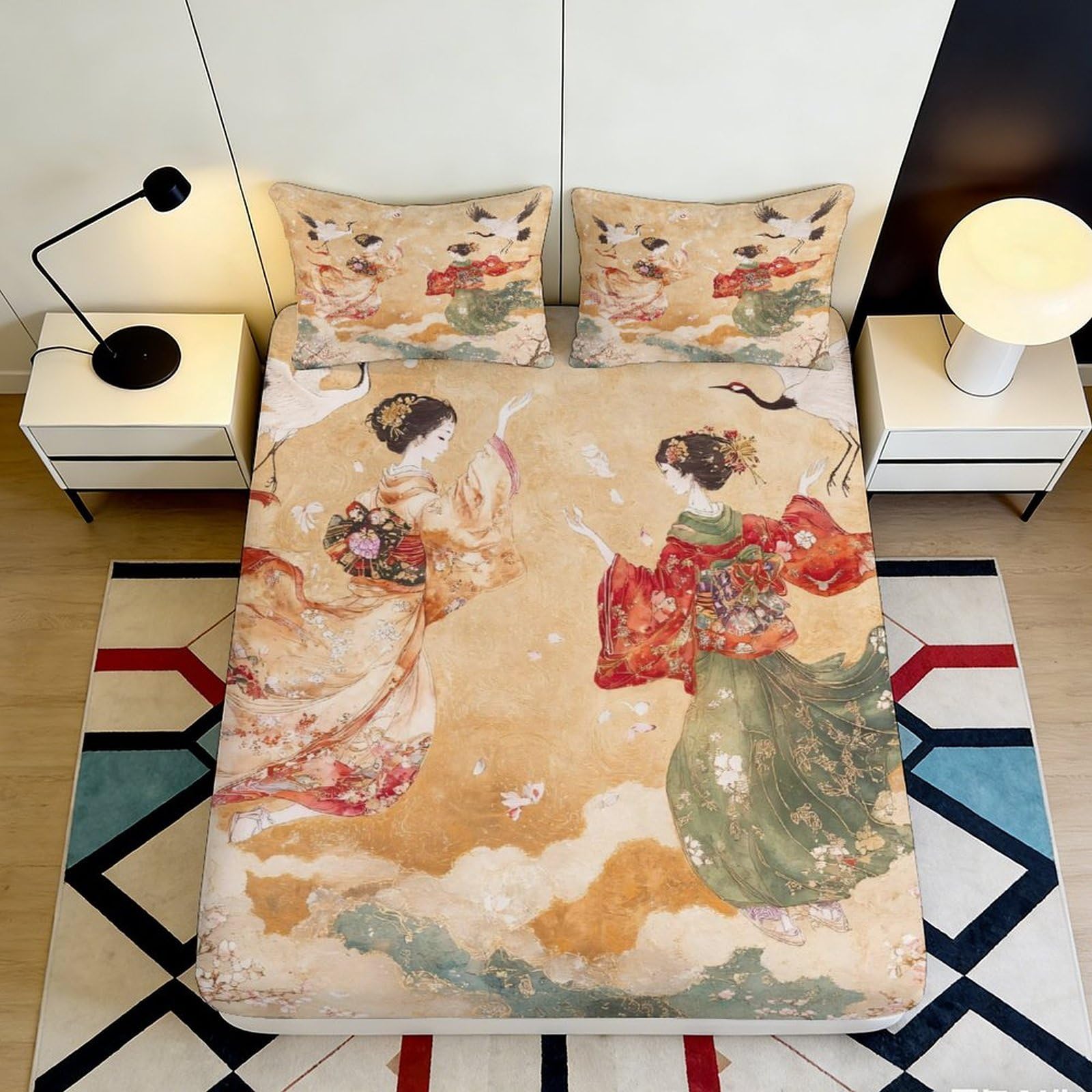3D Printed Oriental Art Fitted Sheet Microfiber Soft Durable Geisha Bed Cover for Bedroom Guest Room Decor 90x200x25cm