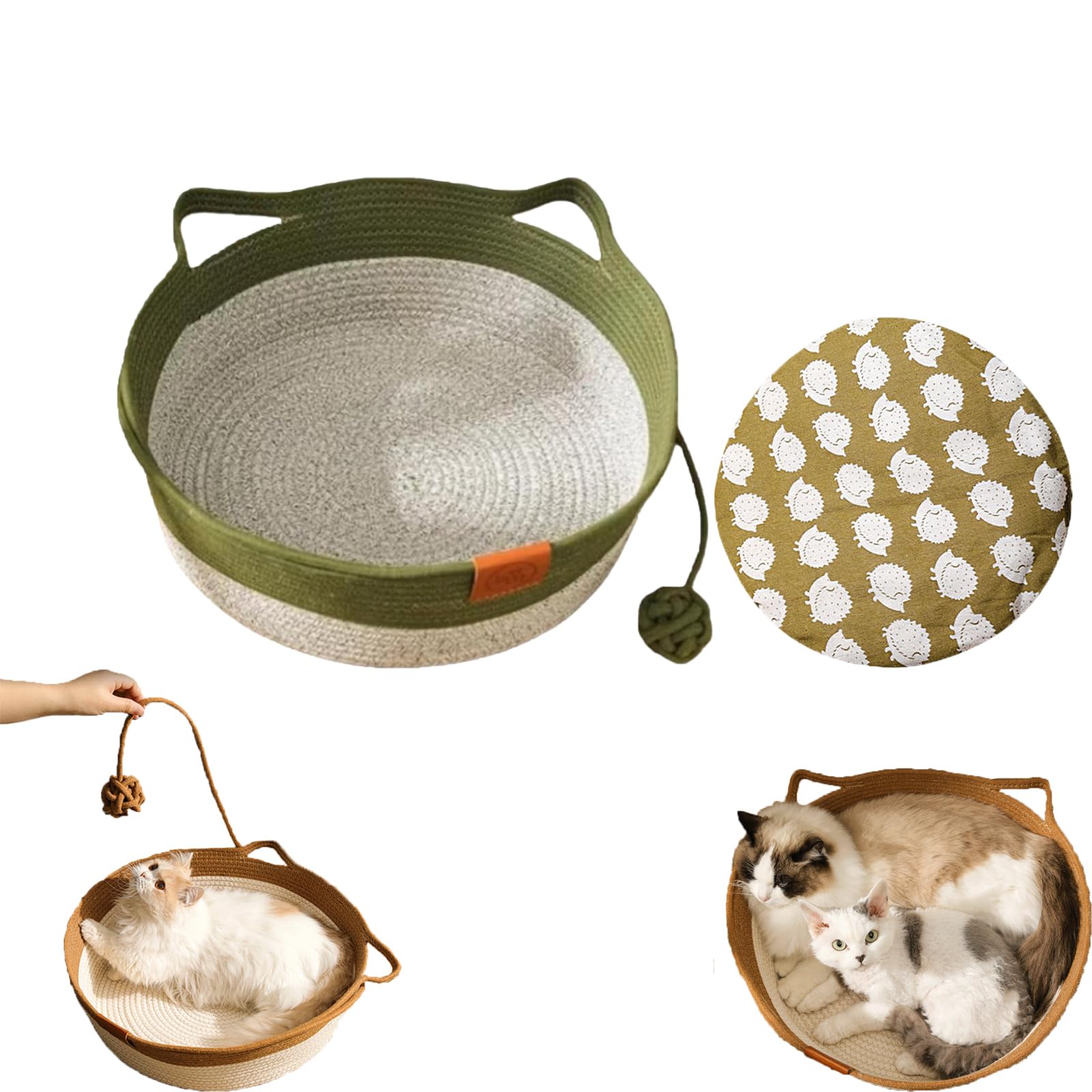 Natural Rope Cat Basket, Handwoven Cotton Rope Interactive Cat，Green B：S