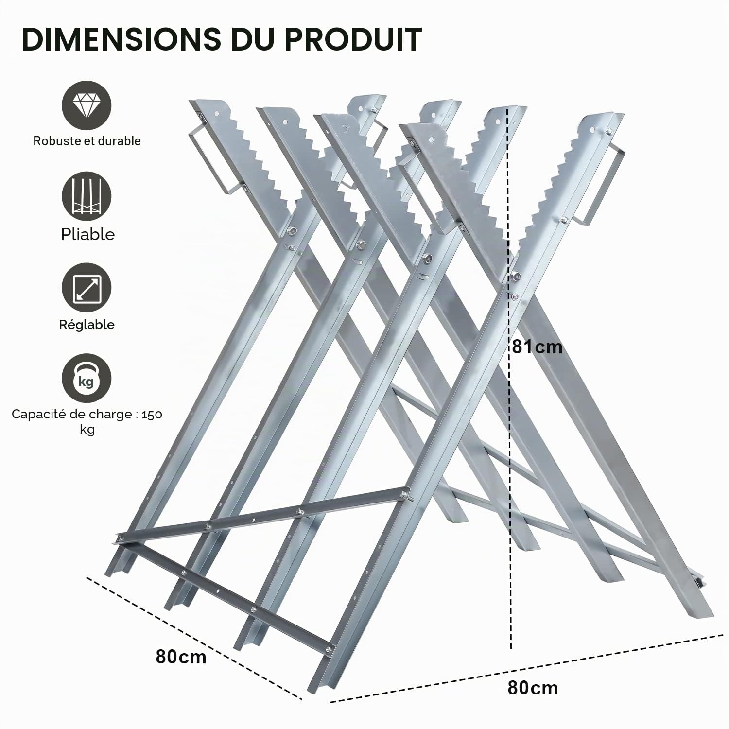 Chevalet de sciage pliable - Capacité de charge de 150 kg - En métal galvanisé - Pour travaux de scie à bois - 81 x 80 x 80 cm
