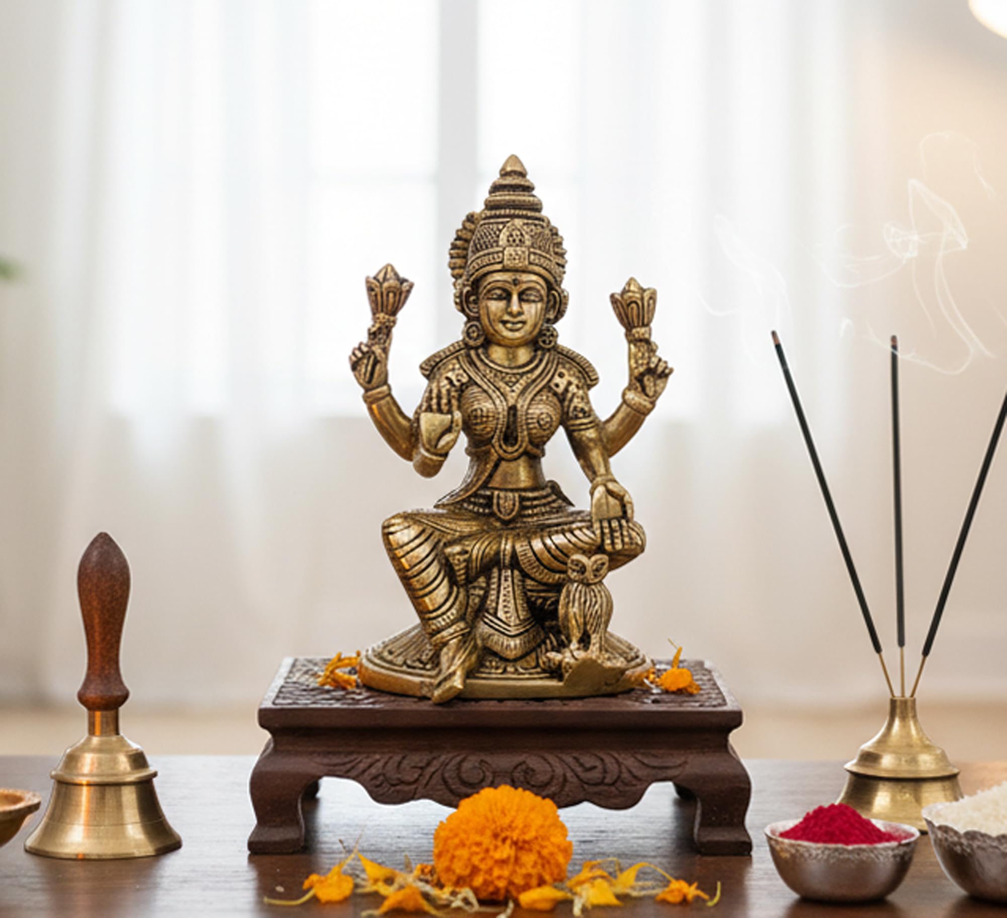 eSplanade Brass Laxmi Lakshmi Goddess Murti Idol Statue Figurine Sculpture | Pooja Idols - Home Decor | Golden - 6.75" Inches