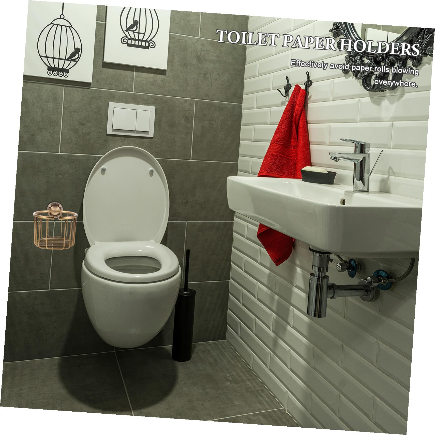 KOMBIUDA Vintage Mosiężny Uchwyt Papier Toaletowy z Koszykiem Drucianym Wiszący Organizer Ręczniki i Chusteczki Do Łazienki Oszczędzający Miejsce Stojak Papier i Ręczniki