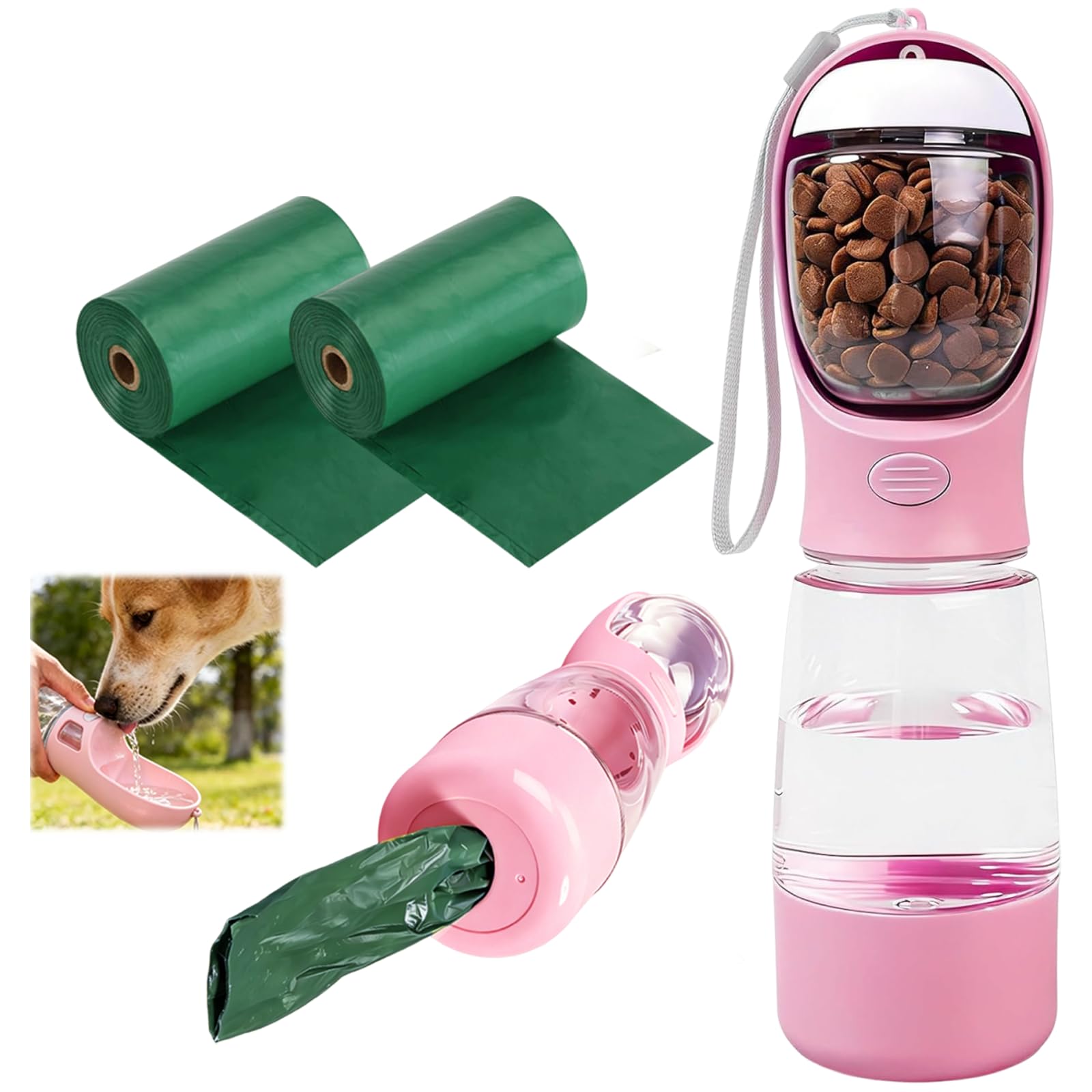 3 PCS SET Dog Water Bottle, for Walking, Dog Travel Water Bottle, with Food Container and Waste Bag Storage, 400 ml Water and 150 ml Food Capacity